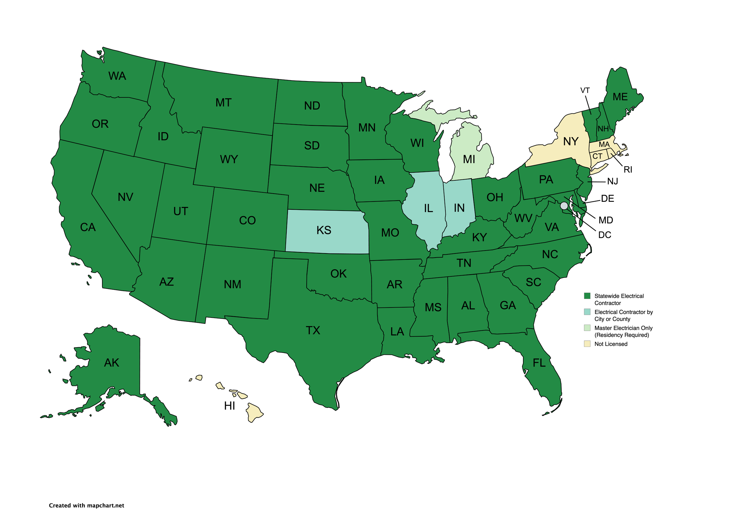 Map of the United States showing different levels of electrical licensing requirements in each state. Most states are marked in dark green representing 'Statewide Electrical Contractor.' Some states are in light green for 'Electrical Contractor by City or County,' and a few are in beige indicating 'Master Electrician Only (Residency Required),' with Hawaii not license.