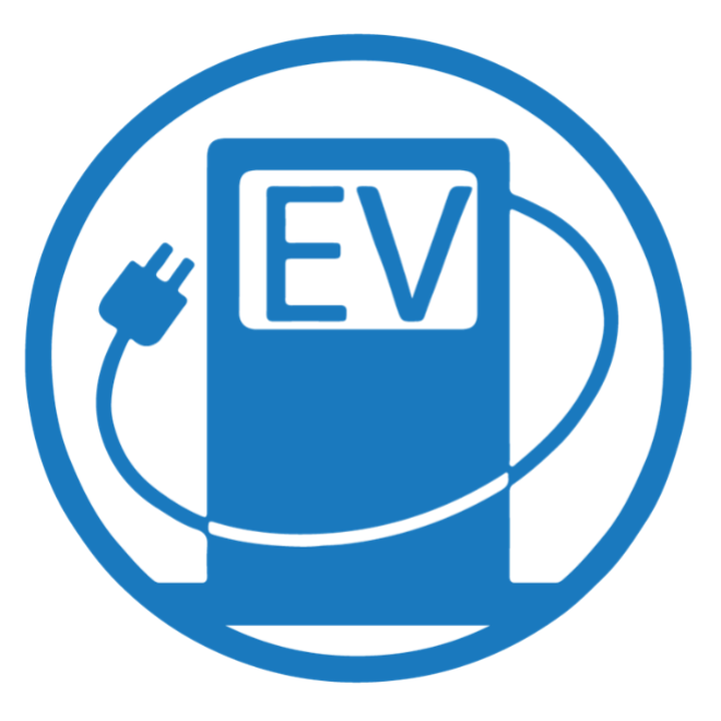 Blue icon of an electric vehicle charging station with an EV label and a power plug.