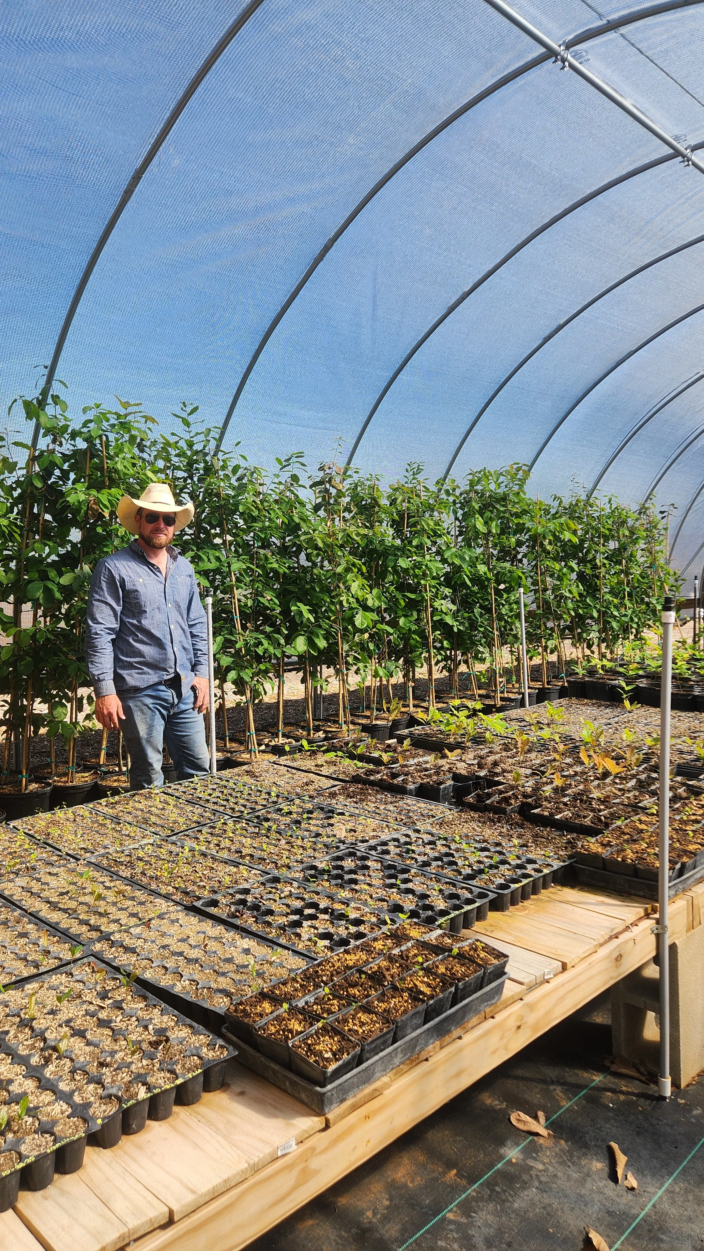 A man wearing a cowboy hat and sunglasses standing in a greenhouse with rows of potted plants and seedlings.