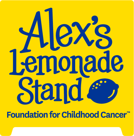 Logo for Alex's Lemonade Stand with yellow background and blue text, featuring a lemon outline, stating 'Foundation for Childhood Cancer'.