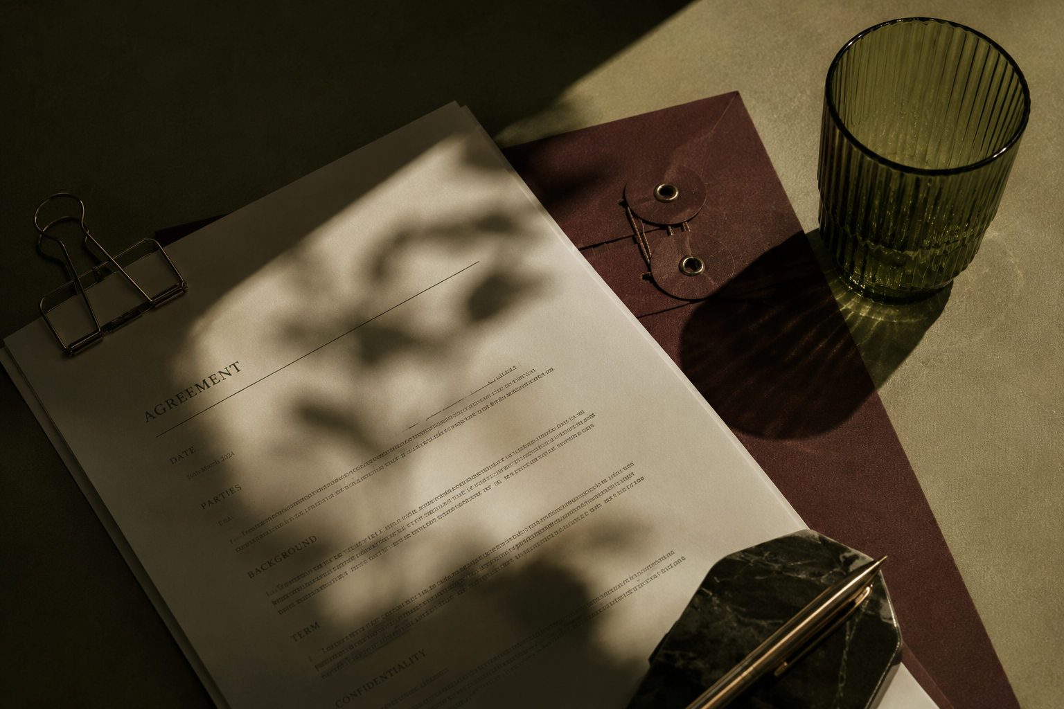 A dark table with a printed agreement document clipped by a large binder clip, a green textured glass, a closed notebook with a pen on top, and a maroon paper folder with metal eyelets and strings, casting shadows from nearby leaves.