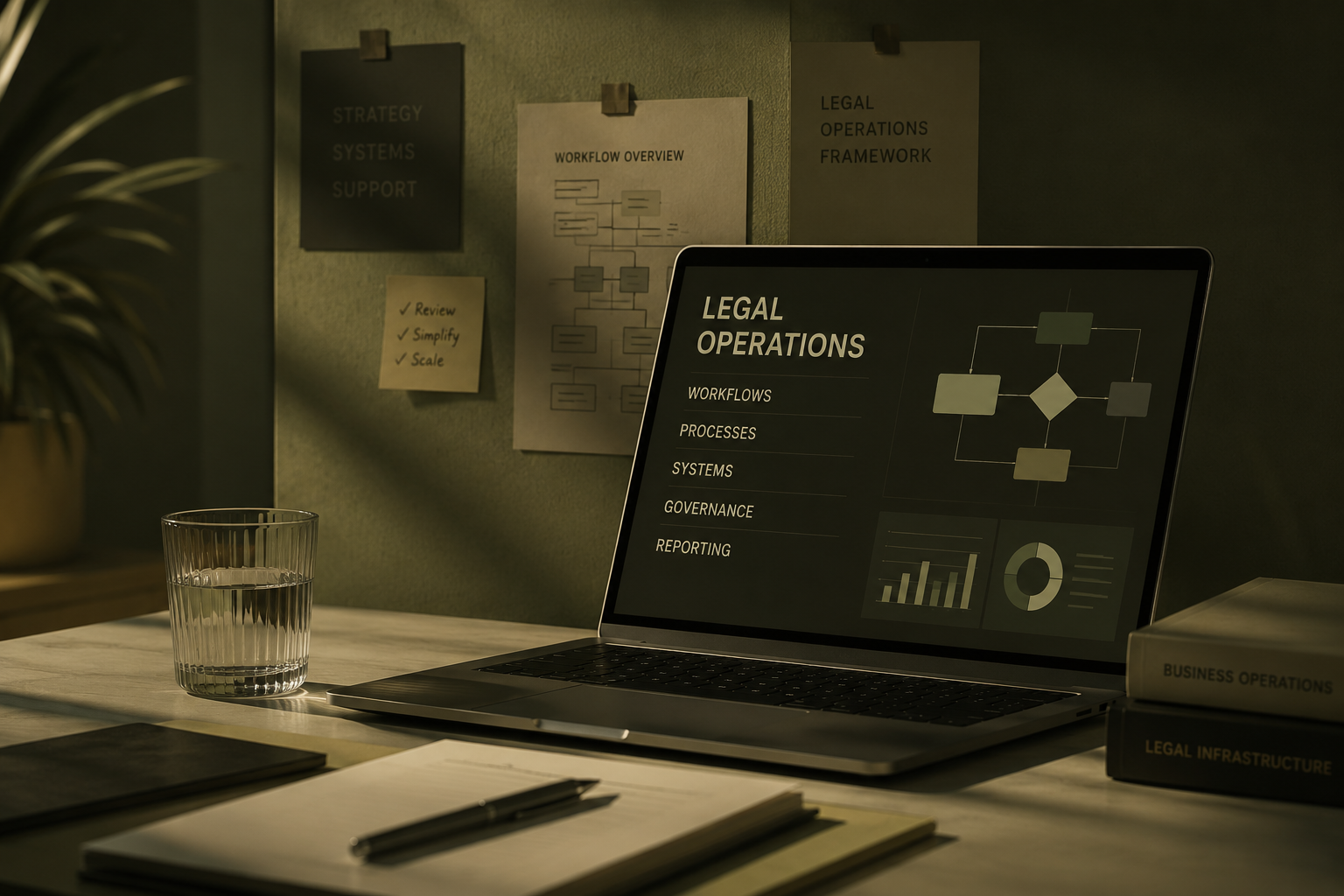 Laptop displaying 'Legal Operations' with workflow diagrams and charts on a desk with notebooks, pen, glass of water, and books titled 'Business Operations' and 'Legal Infrastructure' in a dimly lit office.