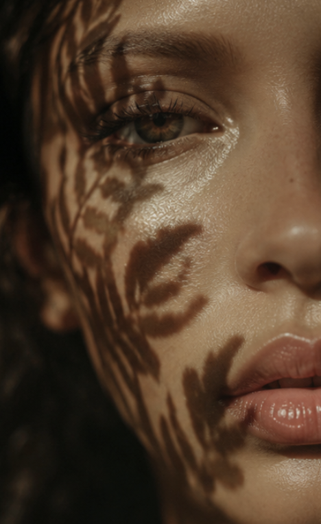 Close-up of a woman's face with sunlight casting patterned shadows across her skin.