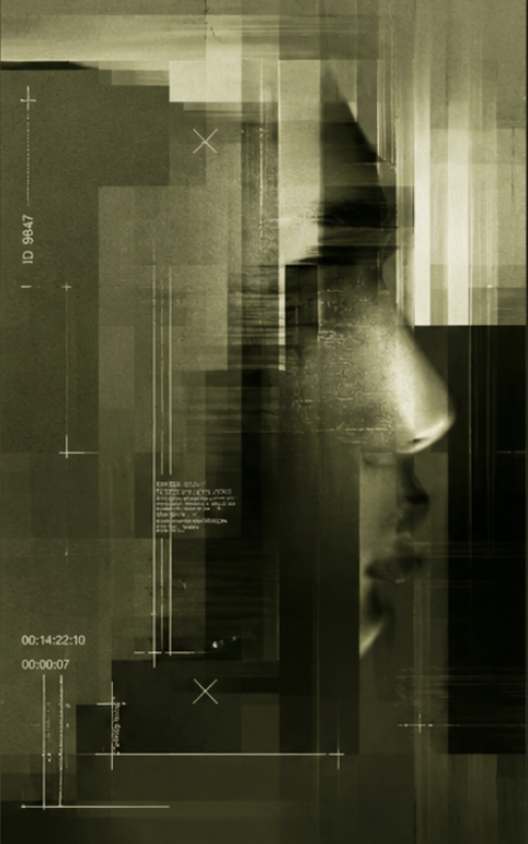 Digital art of a woman's face in profile with overlaying glitch effects and technical graphics in shades of green and black.