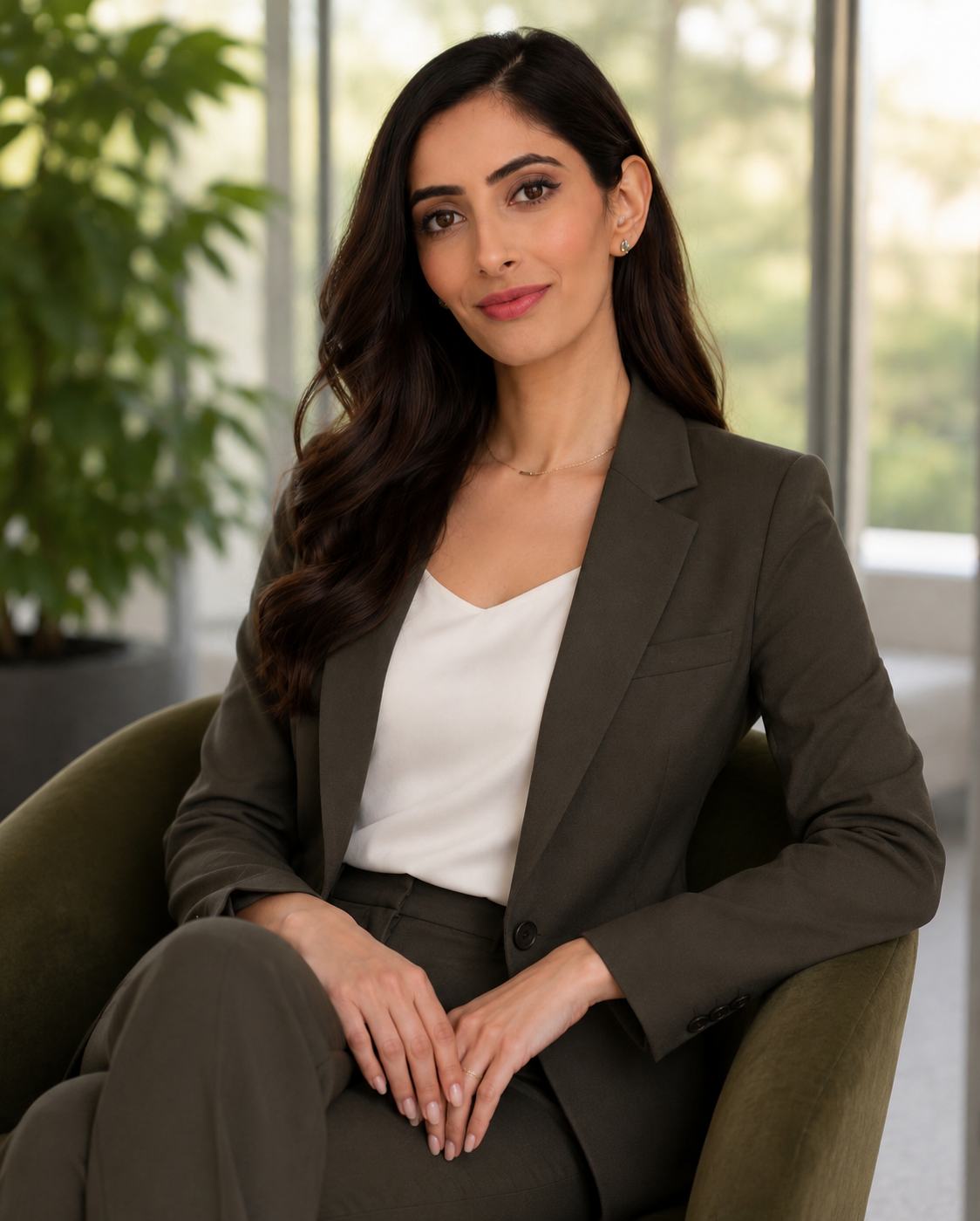 A woman with long dark hair dressed in a gray blazer and white blouse sitting in a green chair indoors, with large windows and greenery outside in the background.
