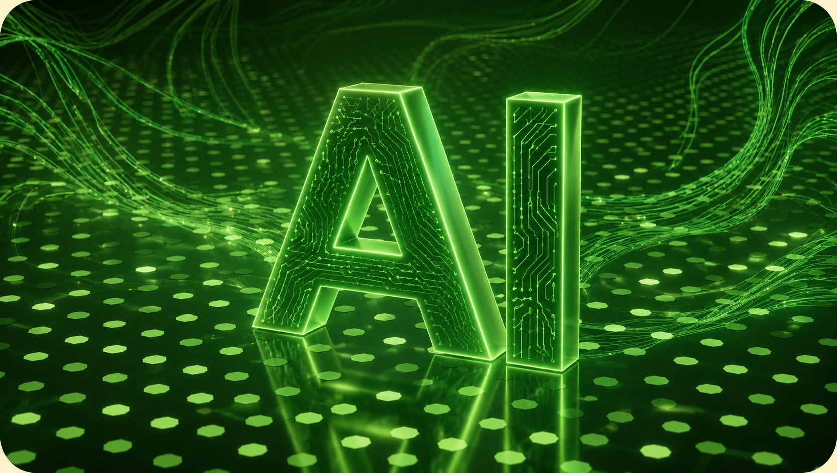 Futuristic digital art of the word 'AI' with circuit patterns, glowing green outlines, and a high-tech background.