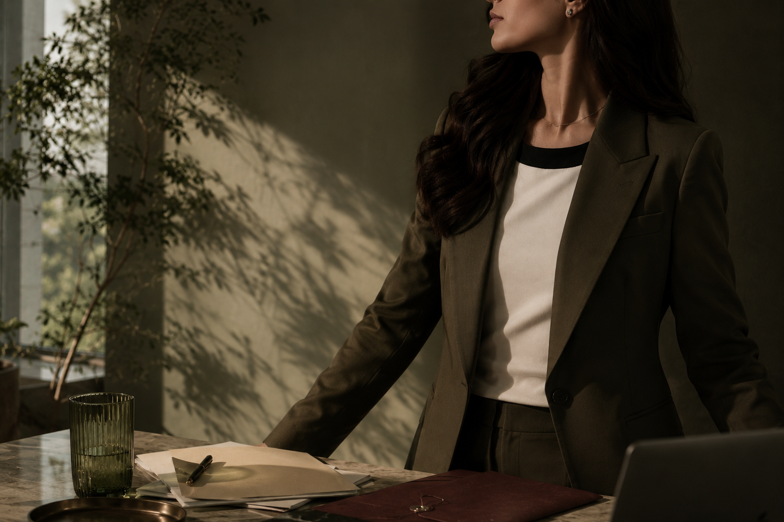Businesswoman in a dark office, standing at a desk with papers, a pen, a glass, and a laptop, with sunlight casting shadows on the wall.