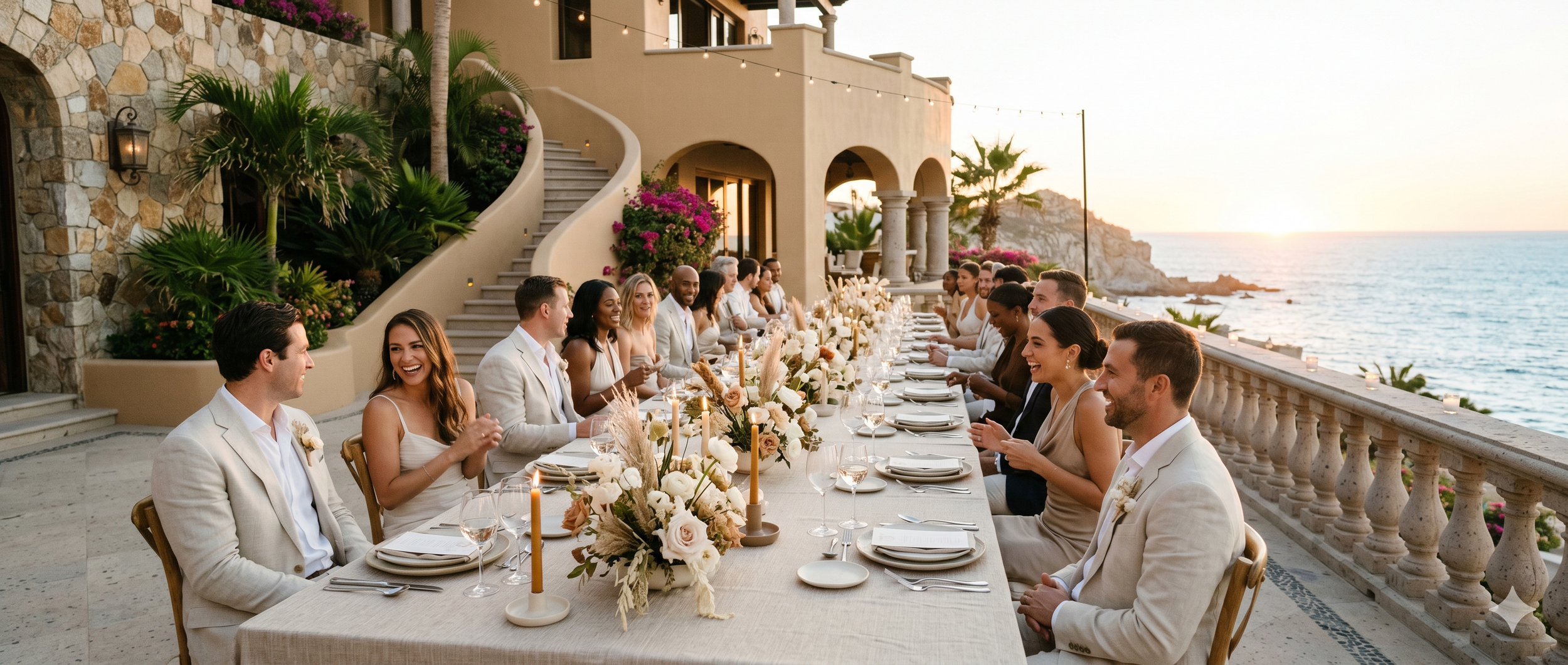 Un grupo de personas en una mesa larga en un evento al aire libre con vista al mar, decorada con flores y velas, durante el atardecer en una locación costera elegante.