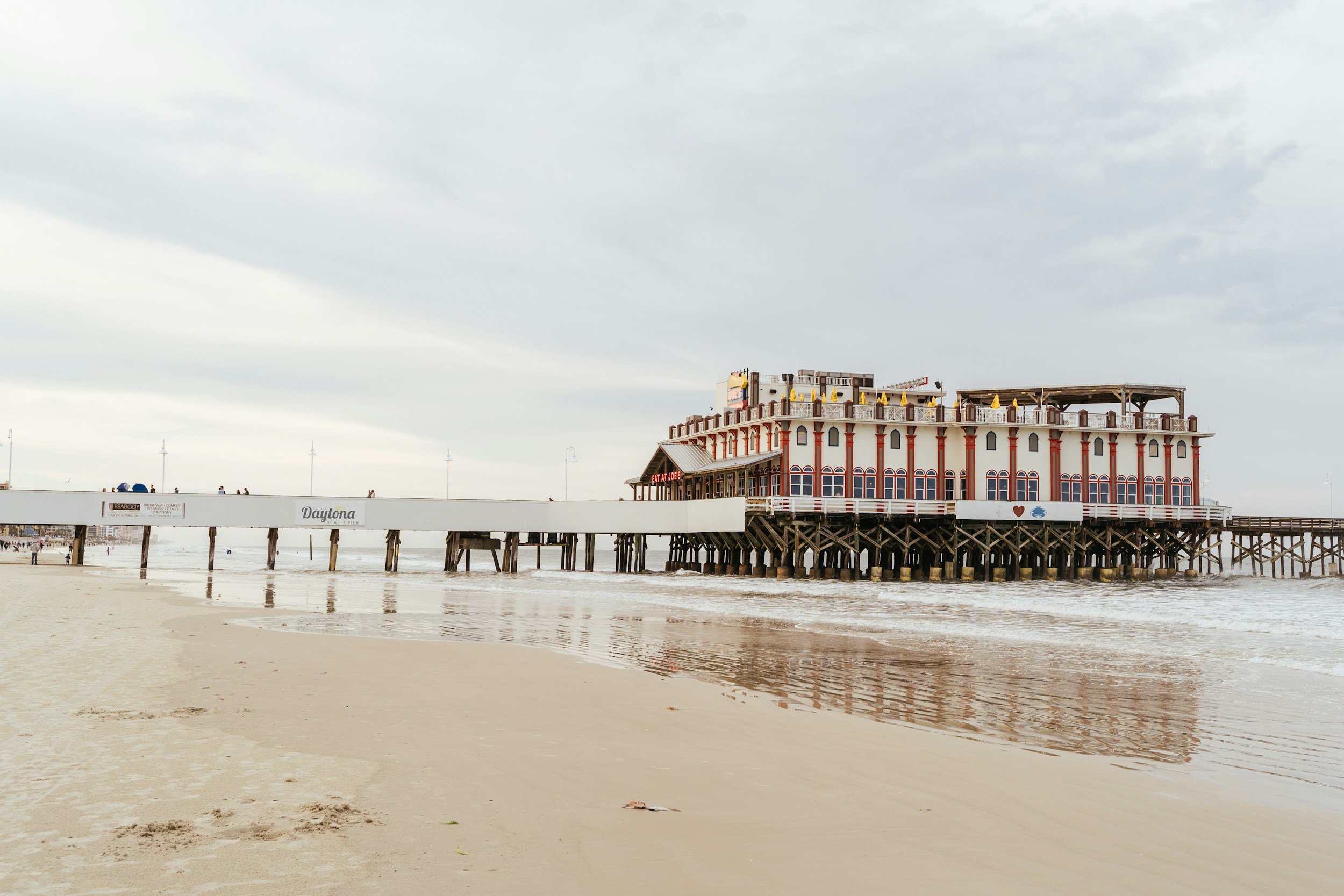 Pier extending into the ocean with a large, decorated building on stilts, overcast sky, sandy beach in foreground, and a few people walking on the pier.