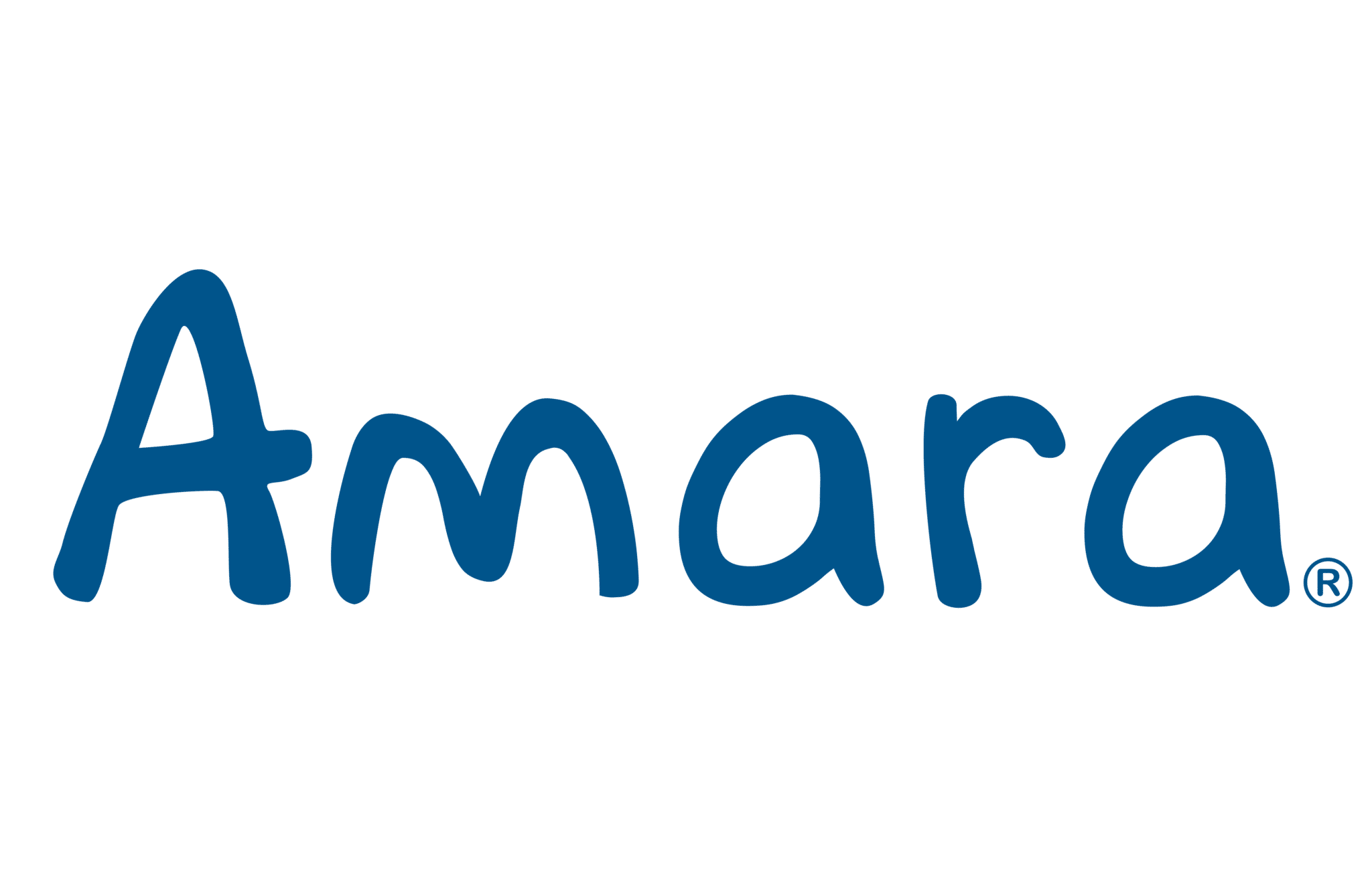 The Amazon logo in blue with the word Amazon written in a playful font.