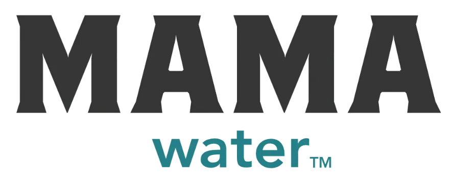 Logo with the words 'MAMA water' in large black and blue text.