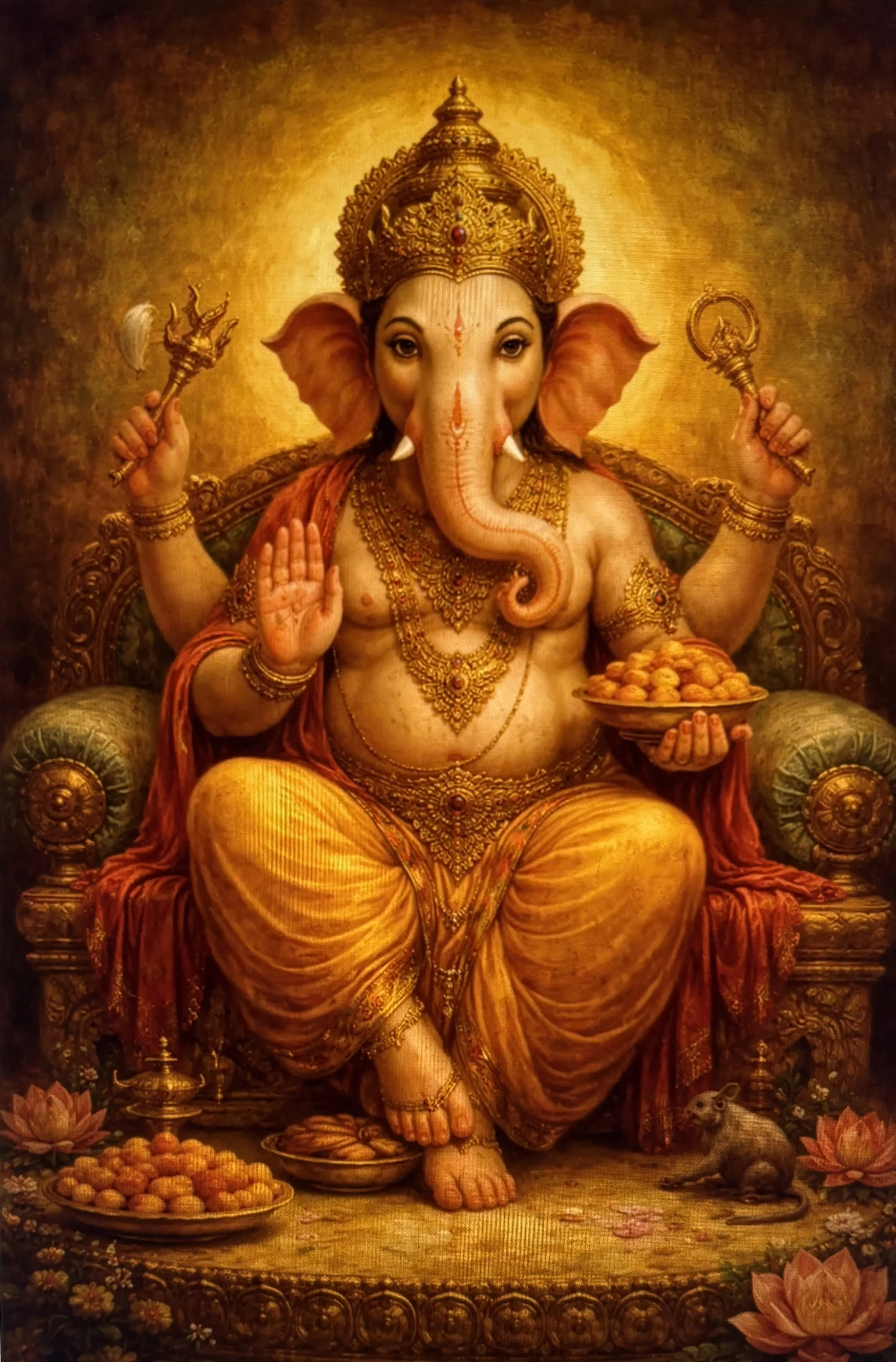 A traditional painting of the Hindu deity Ganesha, with an elephant head, seated on a throne, holding a plate of sweets in one hand and a staff in the other. The background is golden, with floral motifs at the bottom, and a mouse at his feet.
