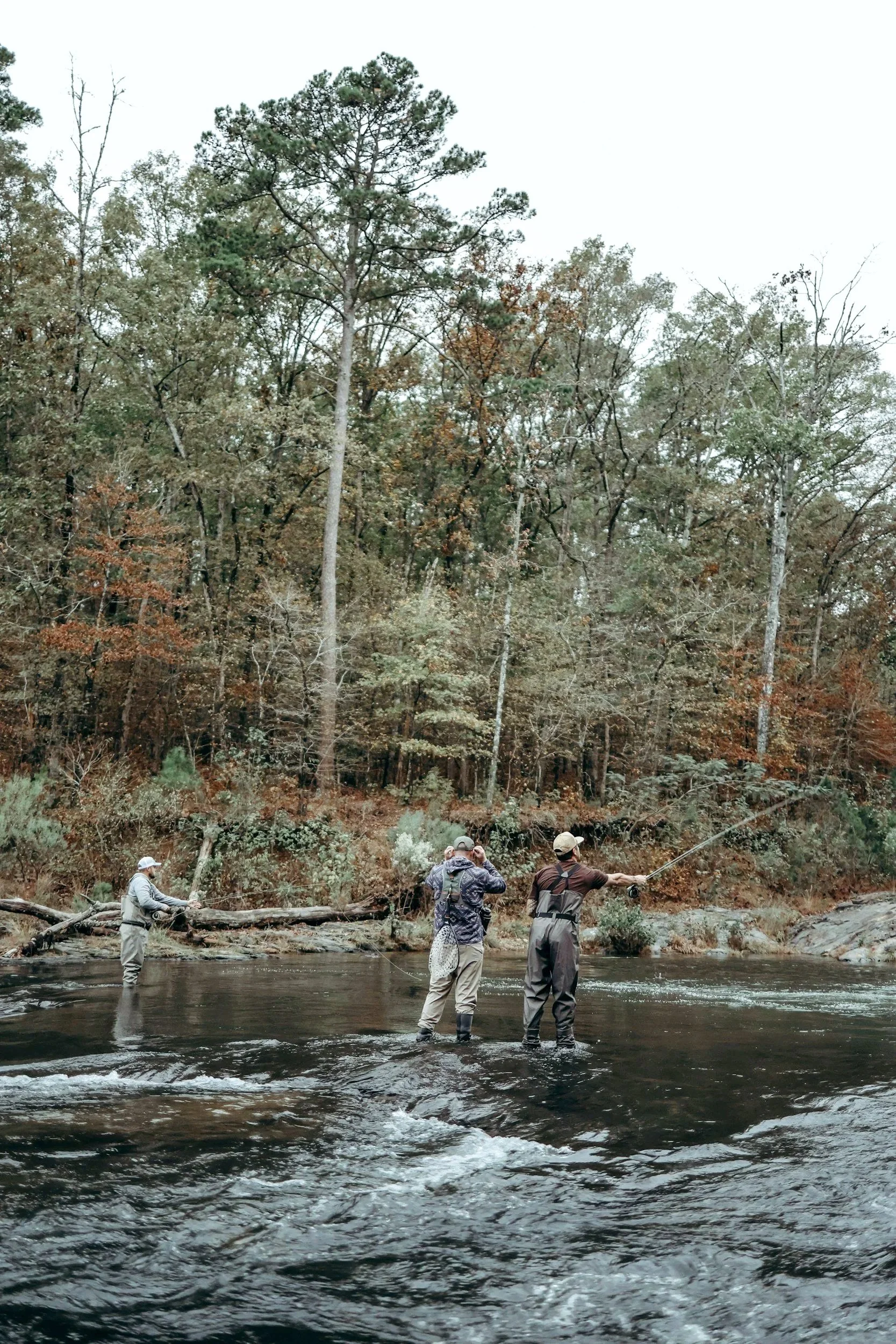 Anglers fly fishing in a rocky woodland stream