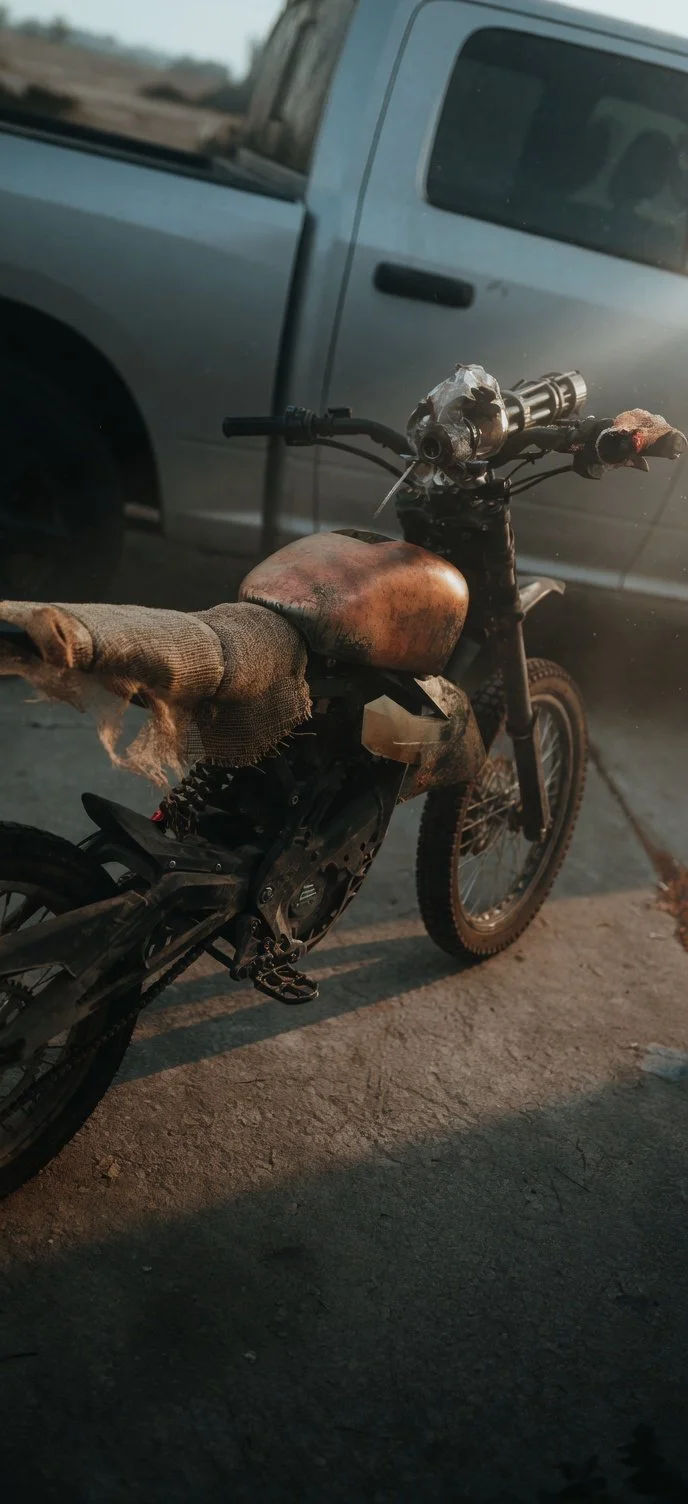 A dirt bike with a brown, rusty fuel tank and a tattered cloth covering the seat, parked on a dirt surface next to a gray pickup truck.
