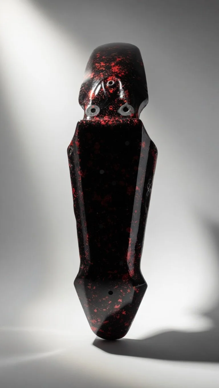 A black skateboard deck with red splatter paint, viewed from below against a gray background.