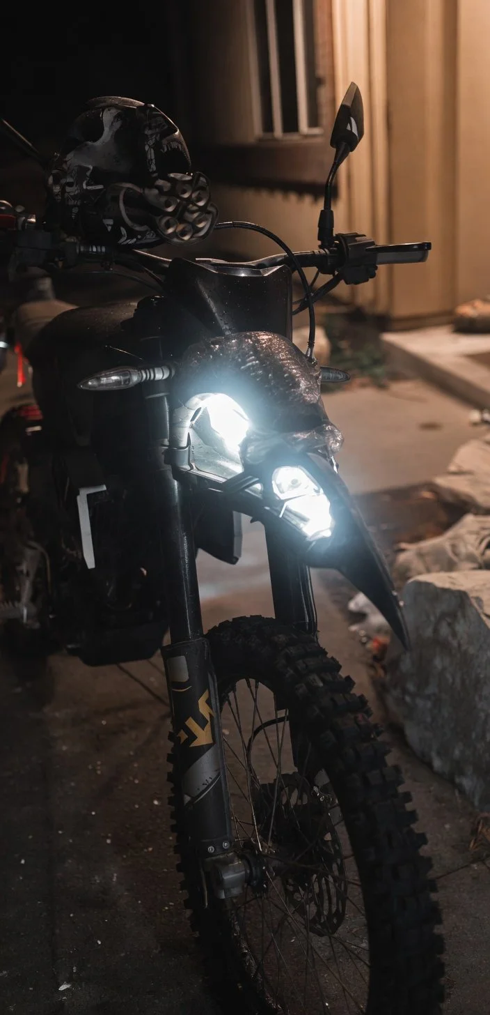 A black mountain bike with bright headlights is parked outside at night. A helmet hangs on the handlebars, and there are rocks and a building in the background.