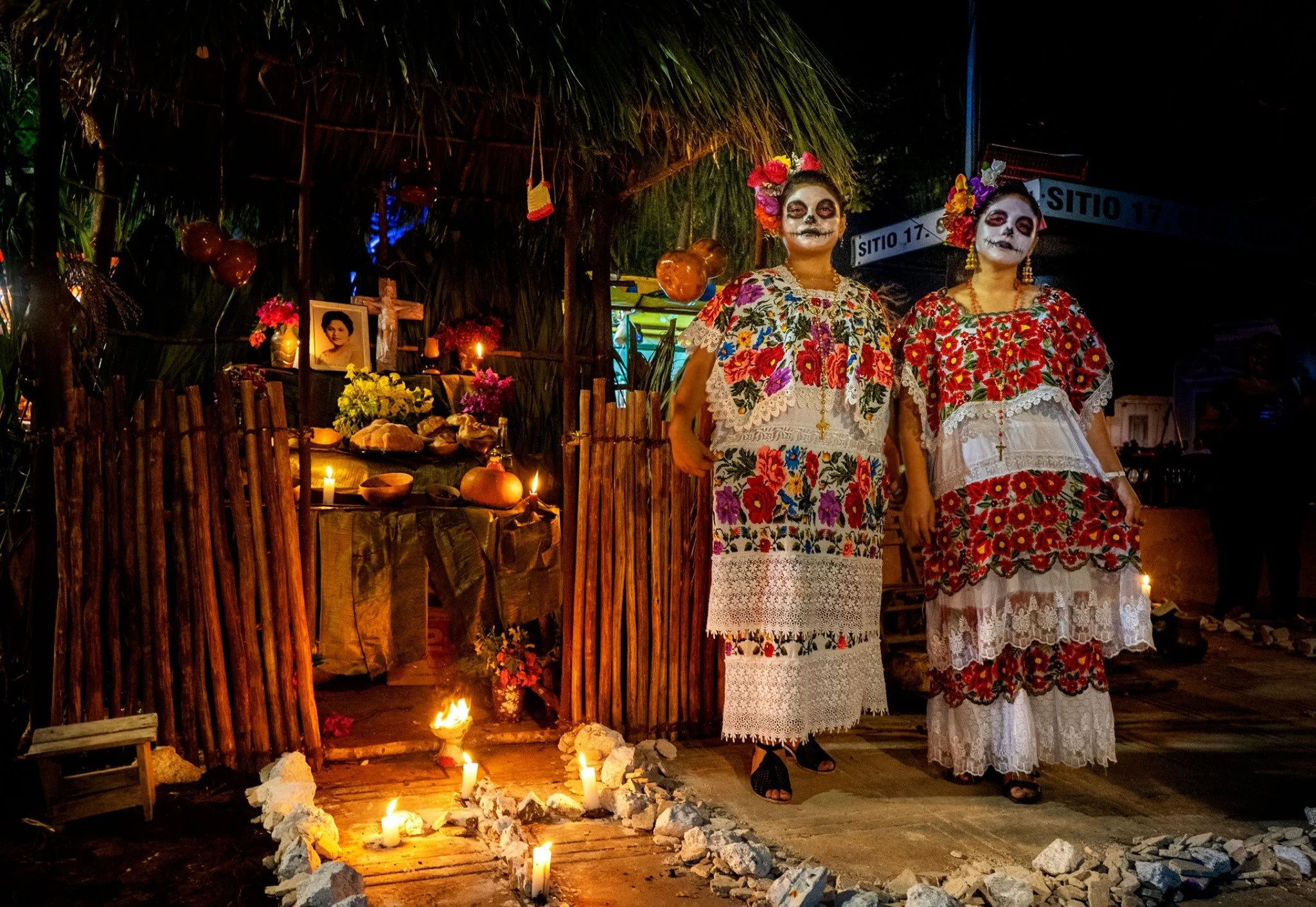 Hanal Pixán altar with marigolds and candles during Day of the Dead in Mérida, Yucatán, México