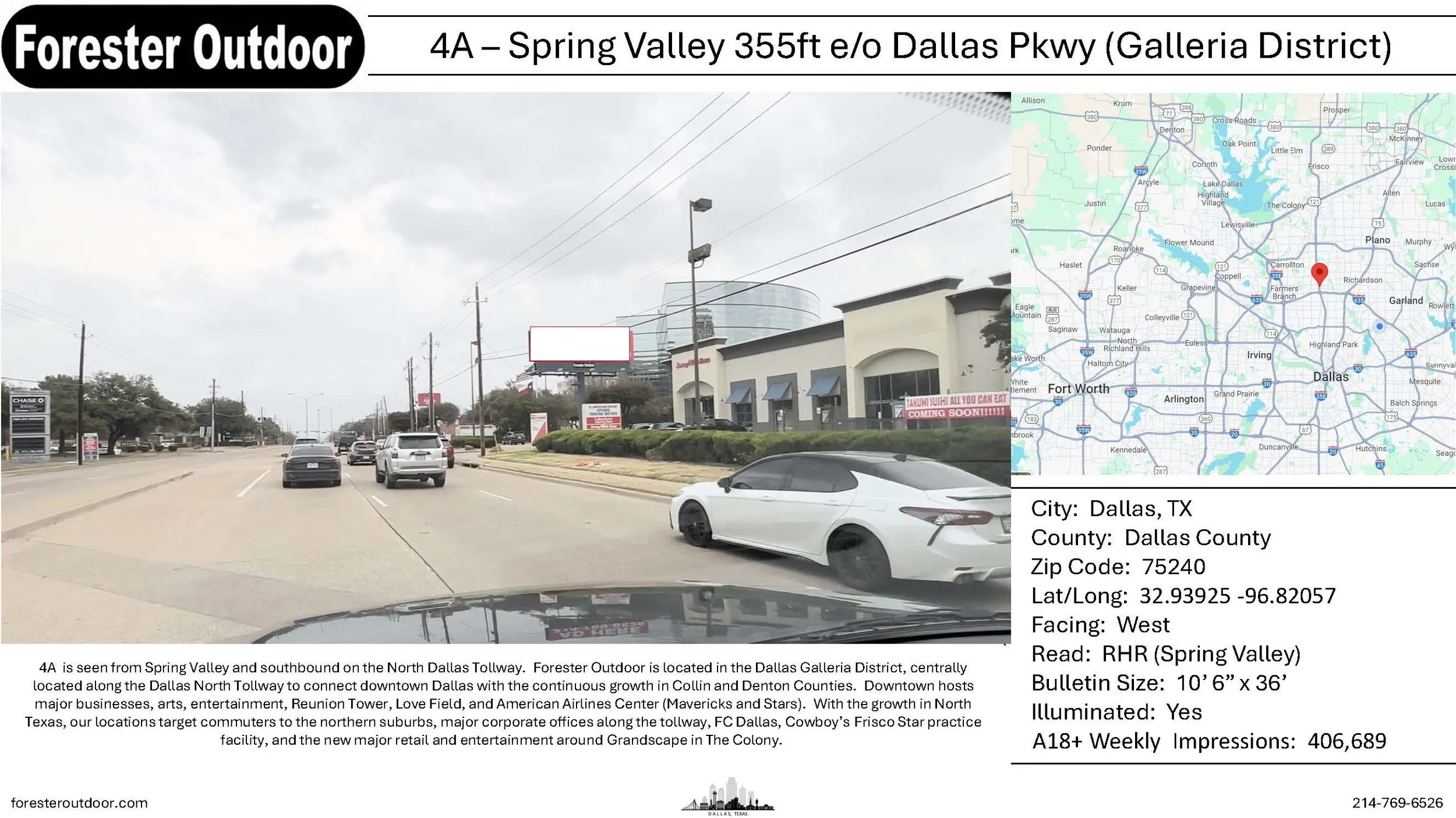 Street view of Spring Valley in Dallas, Texas, showing cars on the road, commercial buildings, and a billboard with a red sign. There are power lines overhead and a cloudy sky.