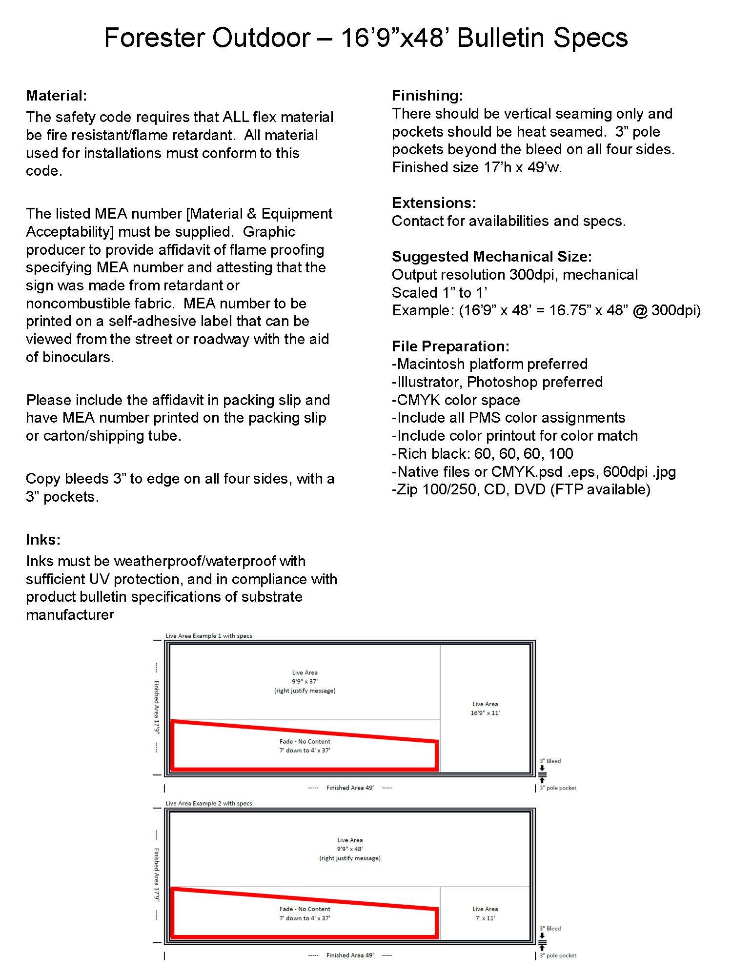 A technical bulletin with specifications for Forester Outdoor 16'9"x48' material, including material safety, erection instructions, extensions, mechanical size, file preparation, inks, and detailed diagram with live areas and fade zones outlined.