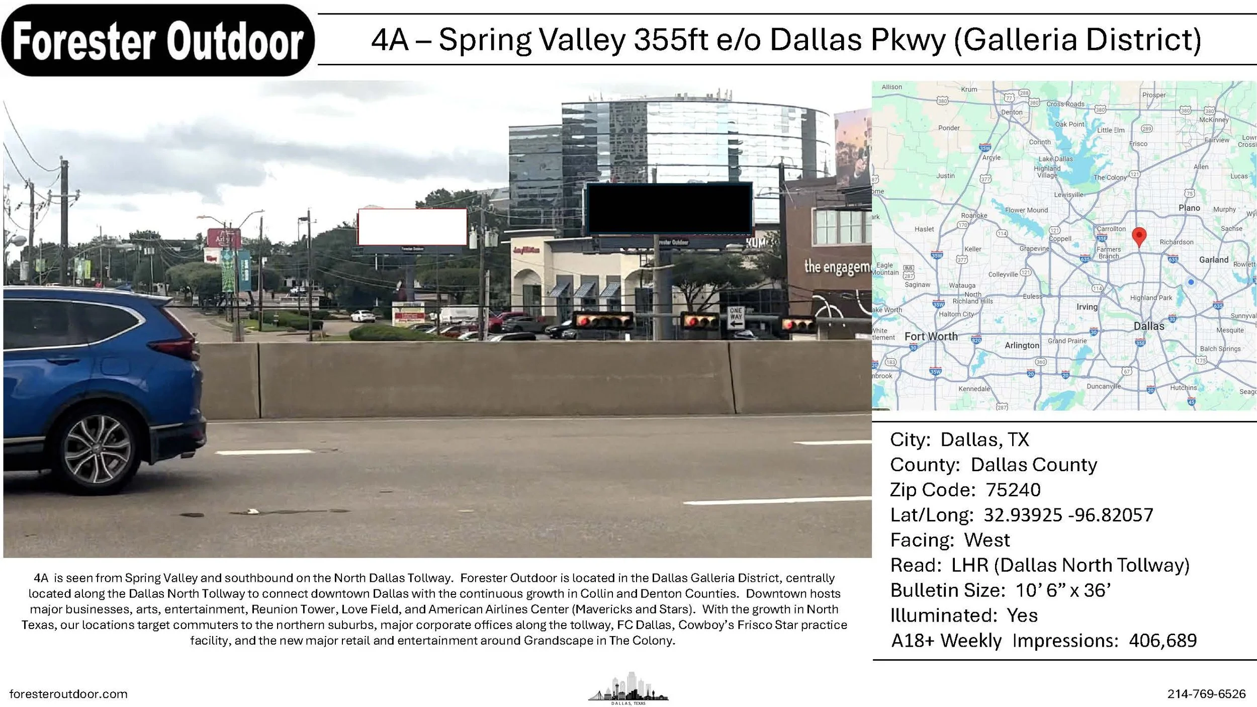 A billboard on the highway in Dallas, Texas, advertising Forester Outdoor with digital screens and buildings in the background, next to a blue car on the road.