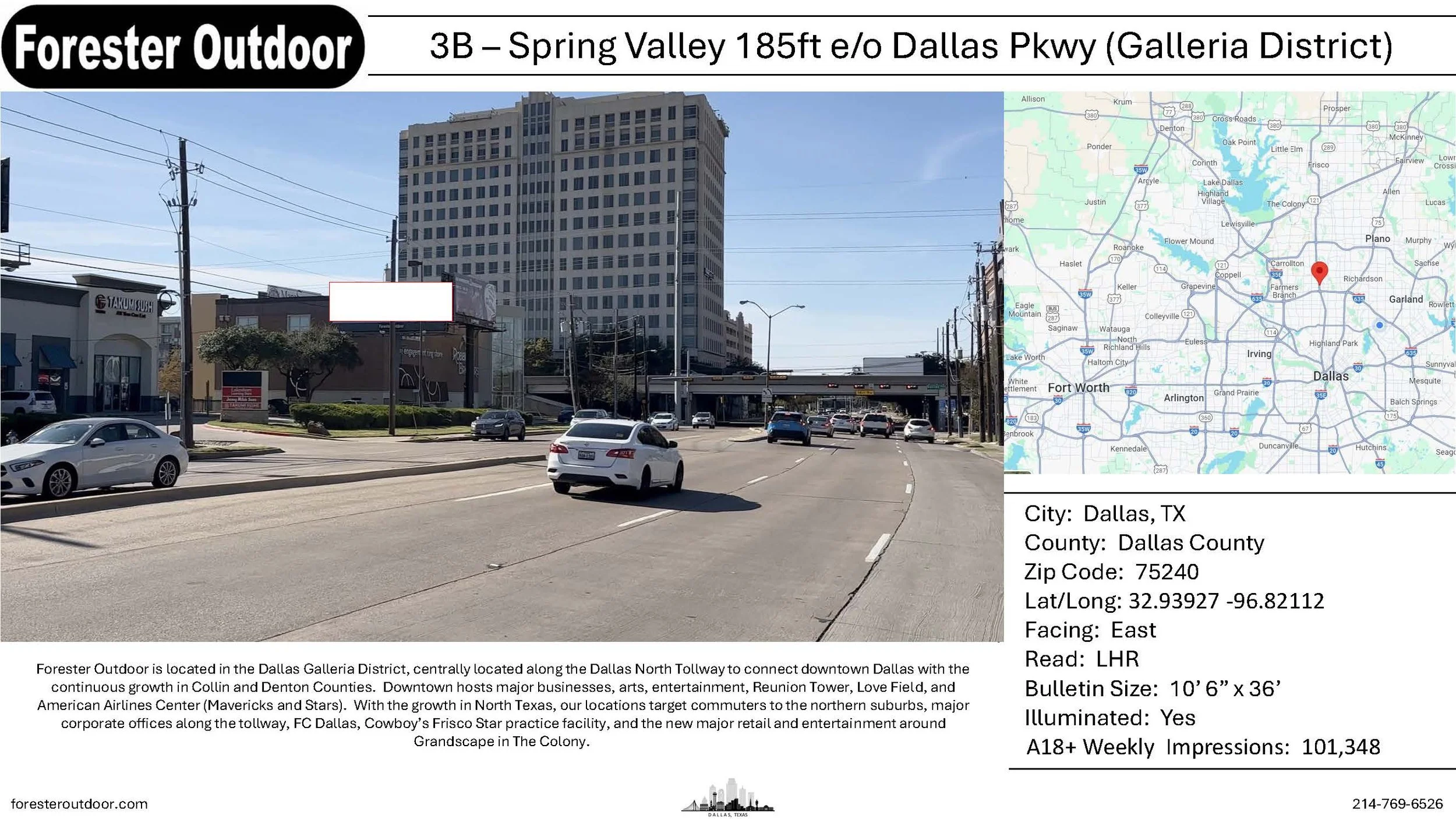 A city street scene in Dallas, Texas, with a large office building in the background, several cars on the road, power lines, and a blue sky. The image includes an overlay with location information, a map, and descriptive text about the area.