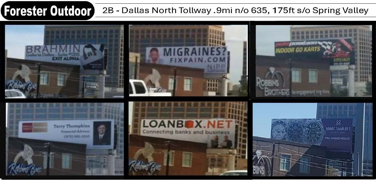 Six outdoor billboards displayed on buildings in Dallas North Tollway; advertisements include a chiropractor offering allergy relief, a migraine treatment website, an indoor go-kart racing facility, a financial advisor, a bank and business loan service, and a luxury watch store.