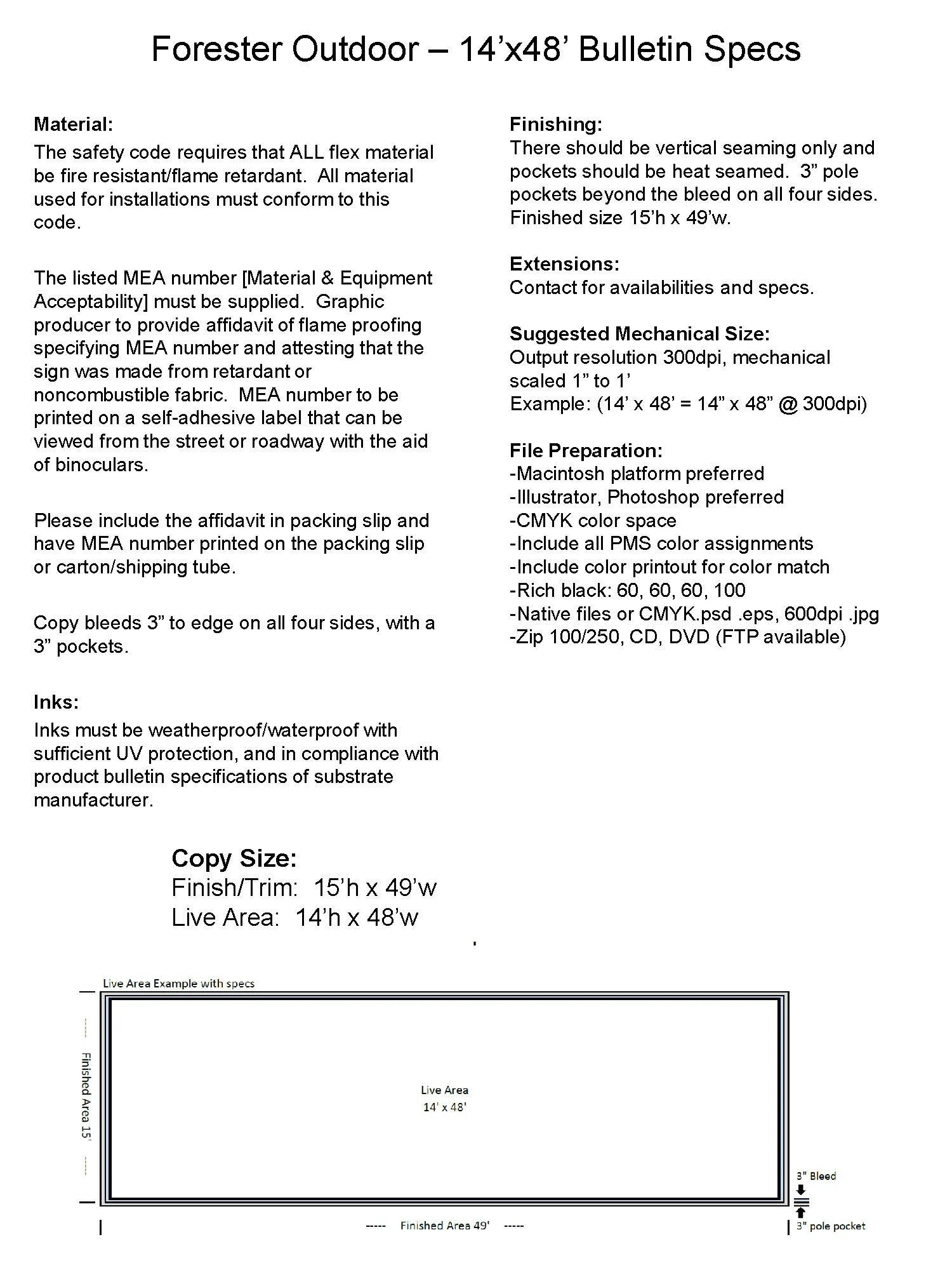 Technical specifications for a Forester outdoor bulletin display, including material, finishing, extensions, suggested size, file preparation, and ink requirements. The layout features a title, detailed text, and diagrams for assembly.