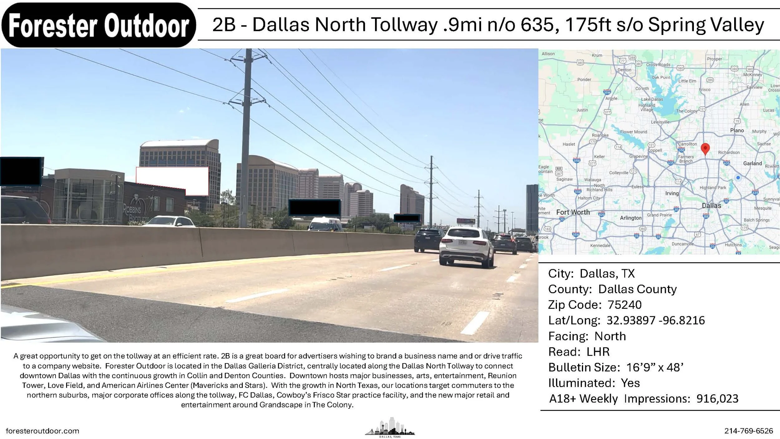 Photograph of Dallas, Texas skyline taken from a highway, with cars, power lines, and billboards in the foreground. A map section highlights the location in Dallas County. Text details include directions, coordinates, and local info.