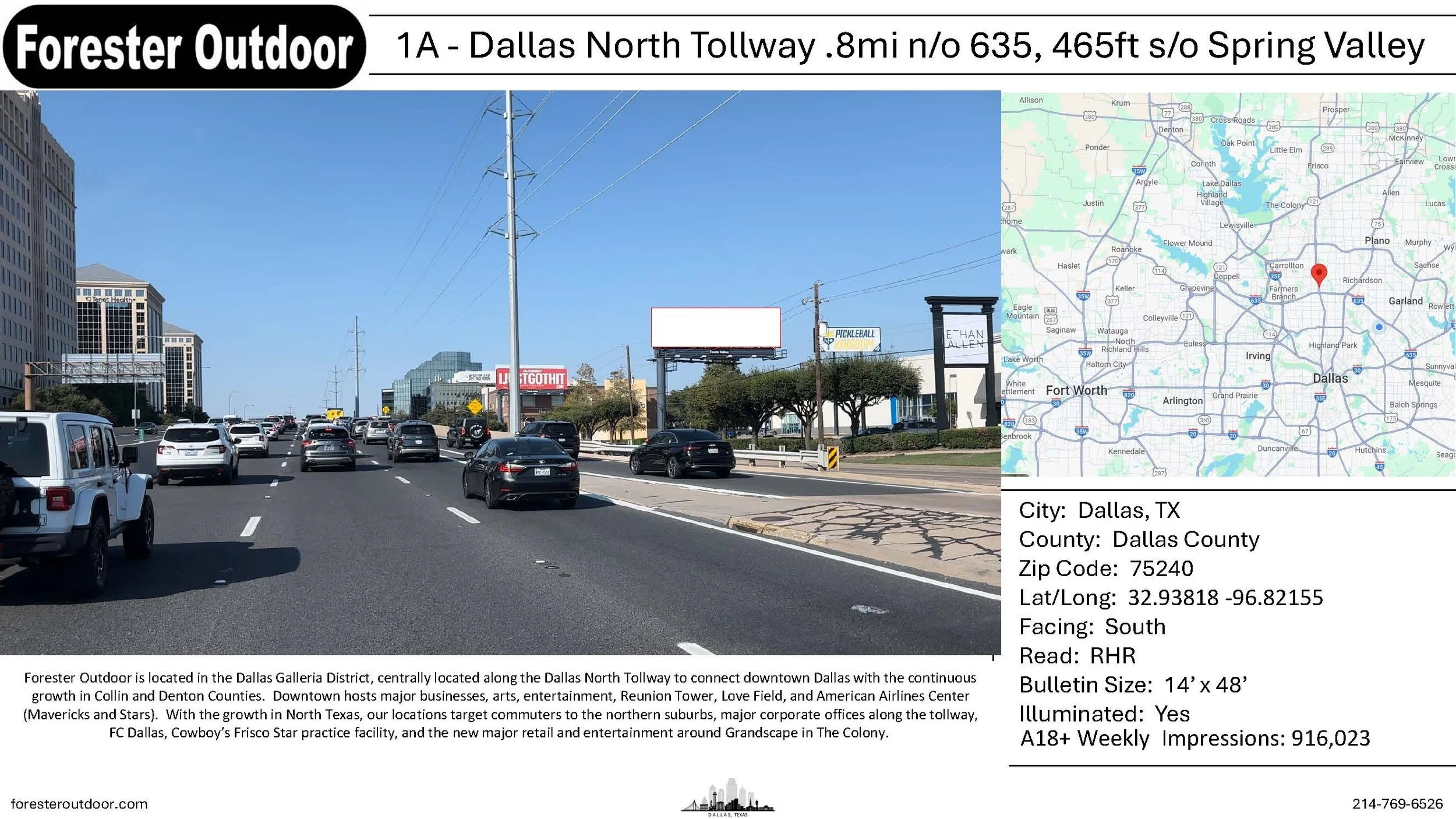 A busy Dallas highway with multiple cars driving under a clear blue sky. Tall buildings and a billboard are visible on the side of the road, with power lines crossing above. An inset map shows the location in Dallas, Texas.