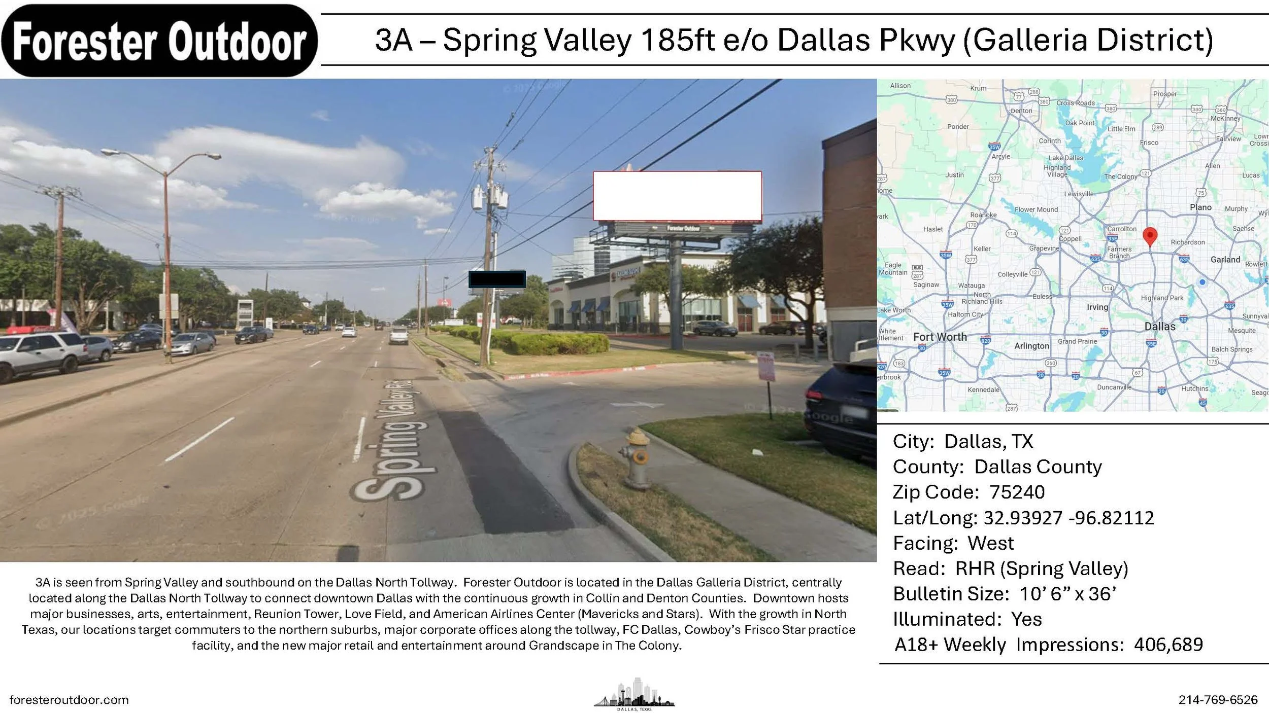 View of Spring Valley, Dallas, TX, showing a busy street with cars, utility poles, and a billboard, with a map of Dallas on the side. The area is part of the Dallas Galleria District near Dallas Parkway.