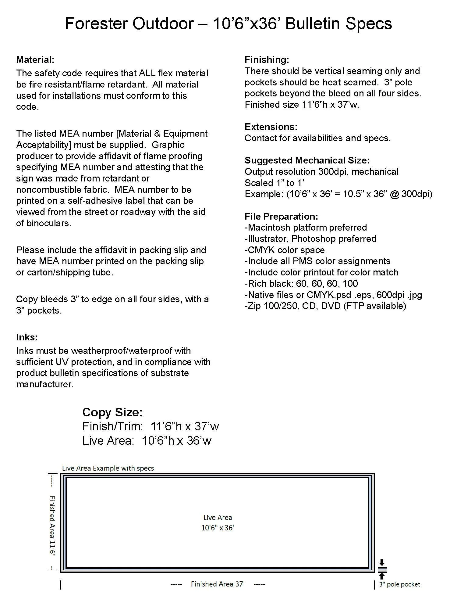 A technical bulletin with specifications for an outdoor fabric used by Forster, including details on material, finishing, extensions, mechanical size, file preparation, ink requirements, and copy size, along with a live area diagram.