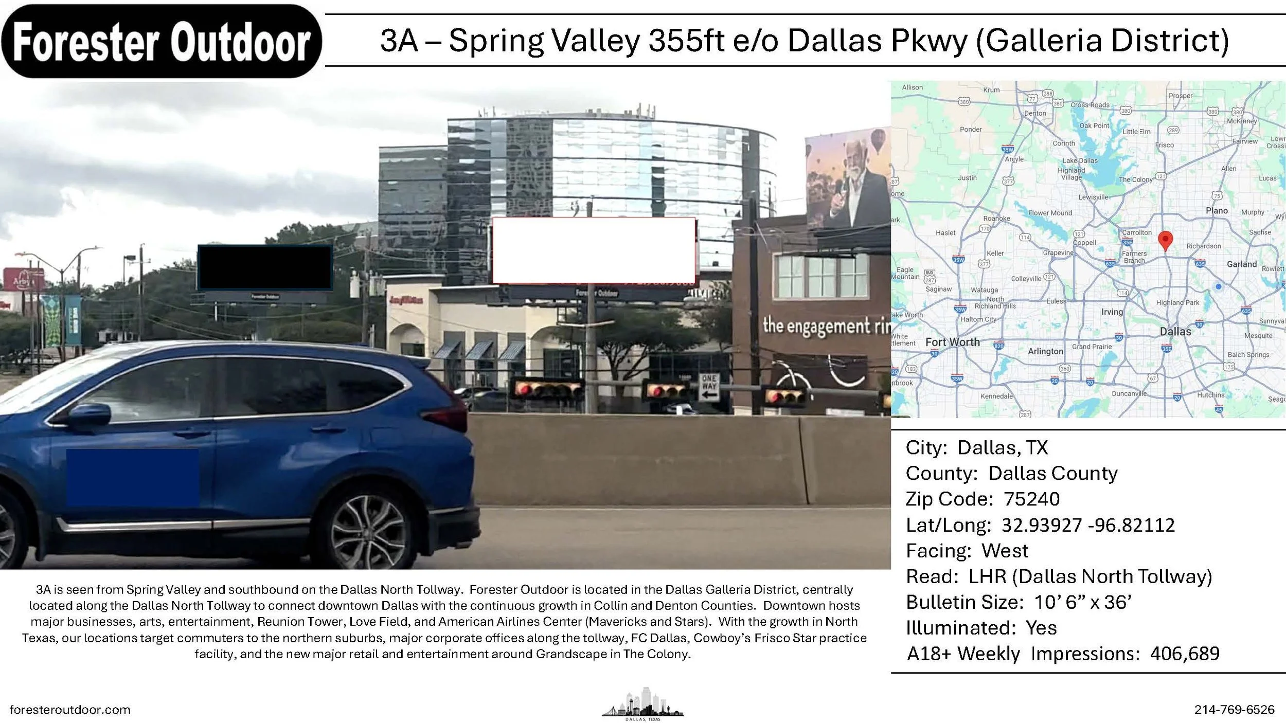 Sign for Forester Outdoor located at 3A Spring Valley, Dallas, Texas, on Dallas North Tollway. Map of Dallas area is visible. A blue car is driving on the highway with buildings and billboards in the background.