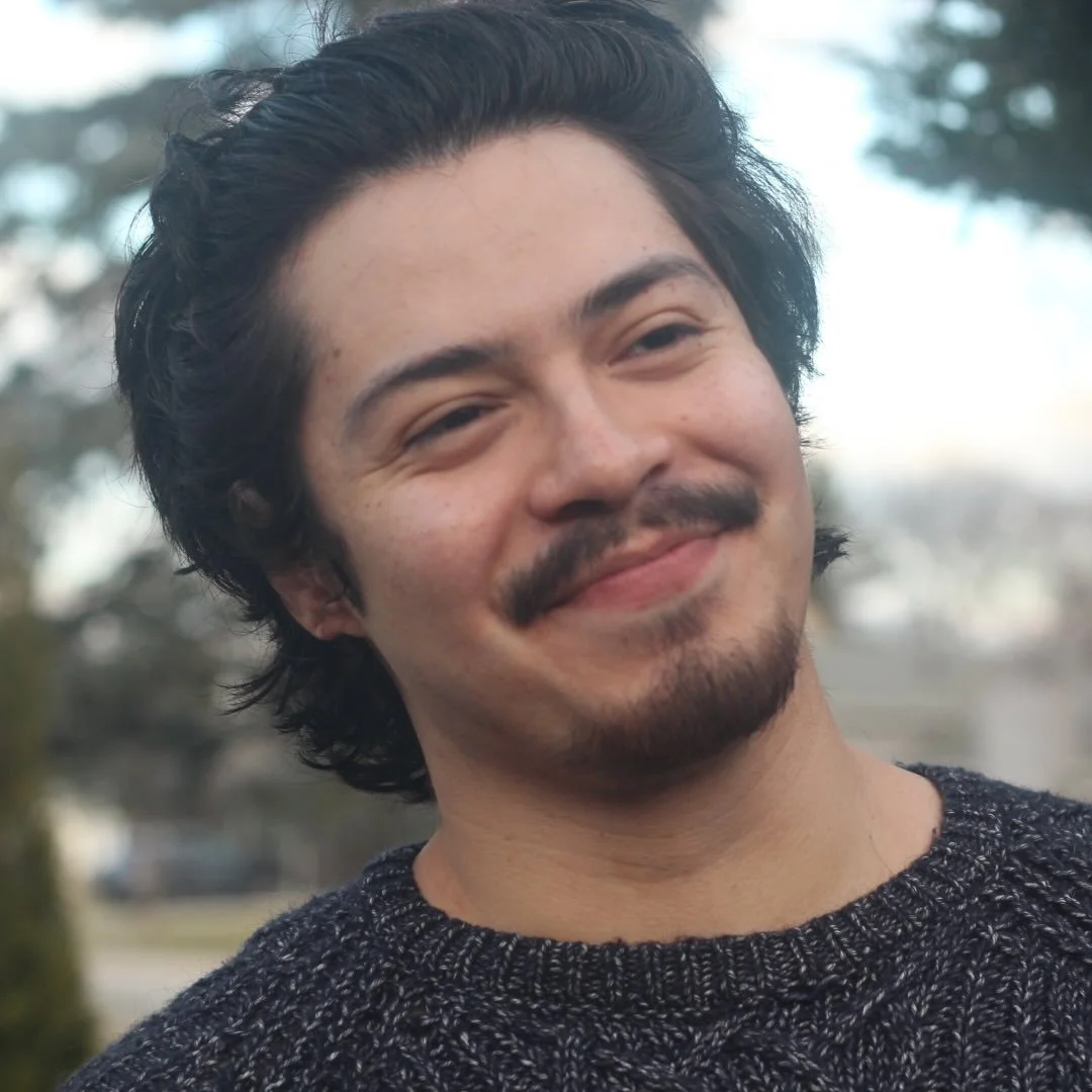 Close-up of a man with curly dark hair, a mustache, and a beard, smiling outdoors with blurred trees in the background.