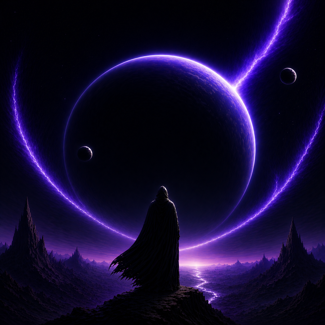 A silhouetted figure in a dark cloak stands on a rocky outcrop, gazing at a surreal space scene with a large glowing planet, two smaller moons, and purple lightning arcs in the sky, with jagged mountain peaks in the foreground.