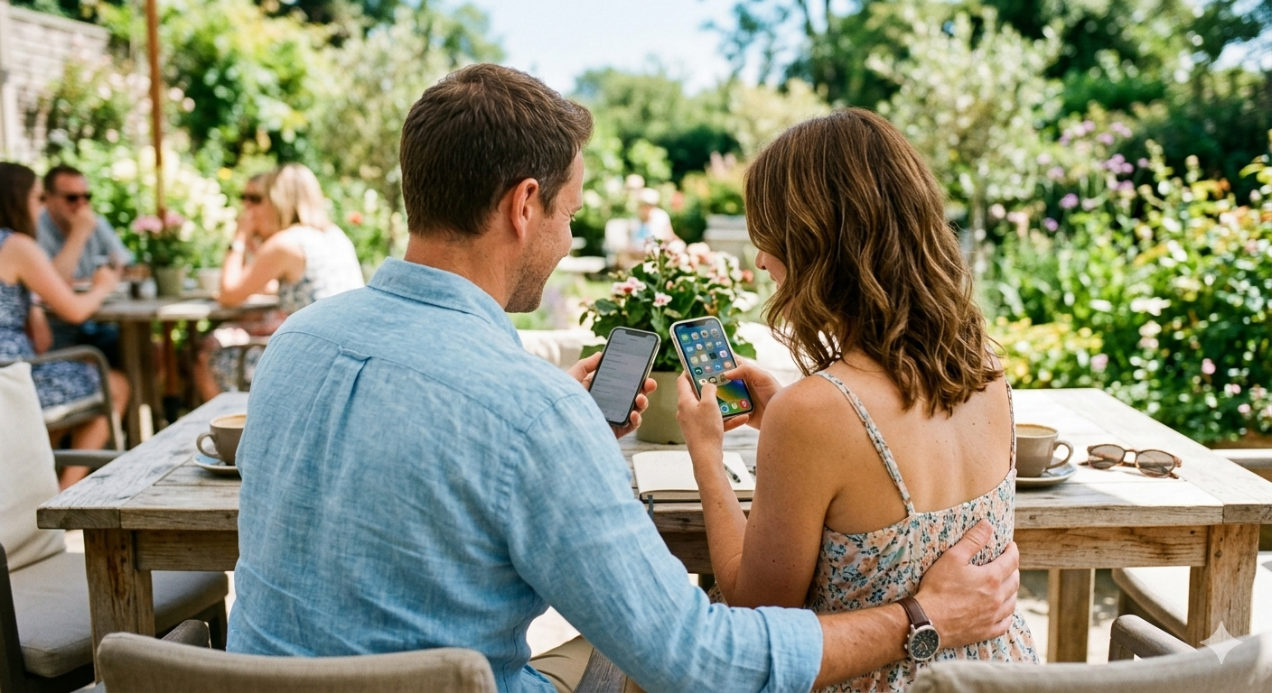 Couple sitting at an outdoor table, viewed from behind, both looking at their iPhones in a garden setting.