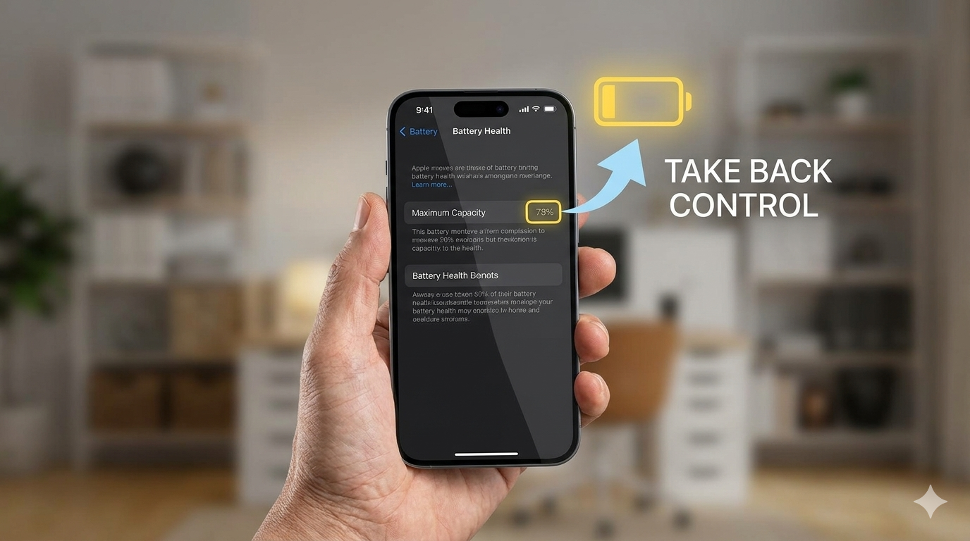 An iPhone displaying low battery health alongside the text: TAKE BACK CONTROL.