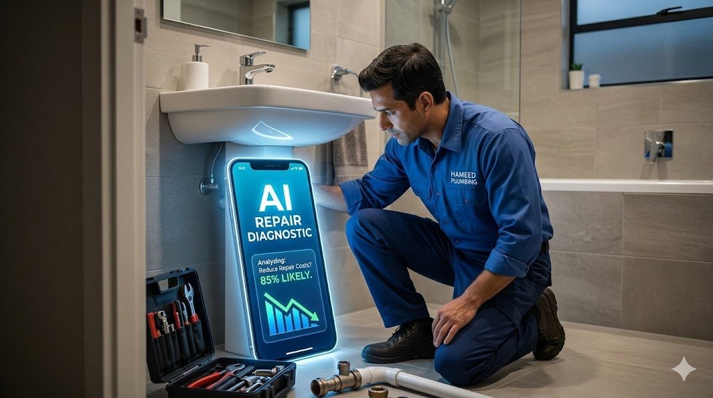 A technician inspecting a bathroom sink alongside a smartphone displaying an AI repair diagnostic tool for home plumbing maintenance.