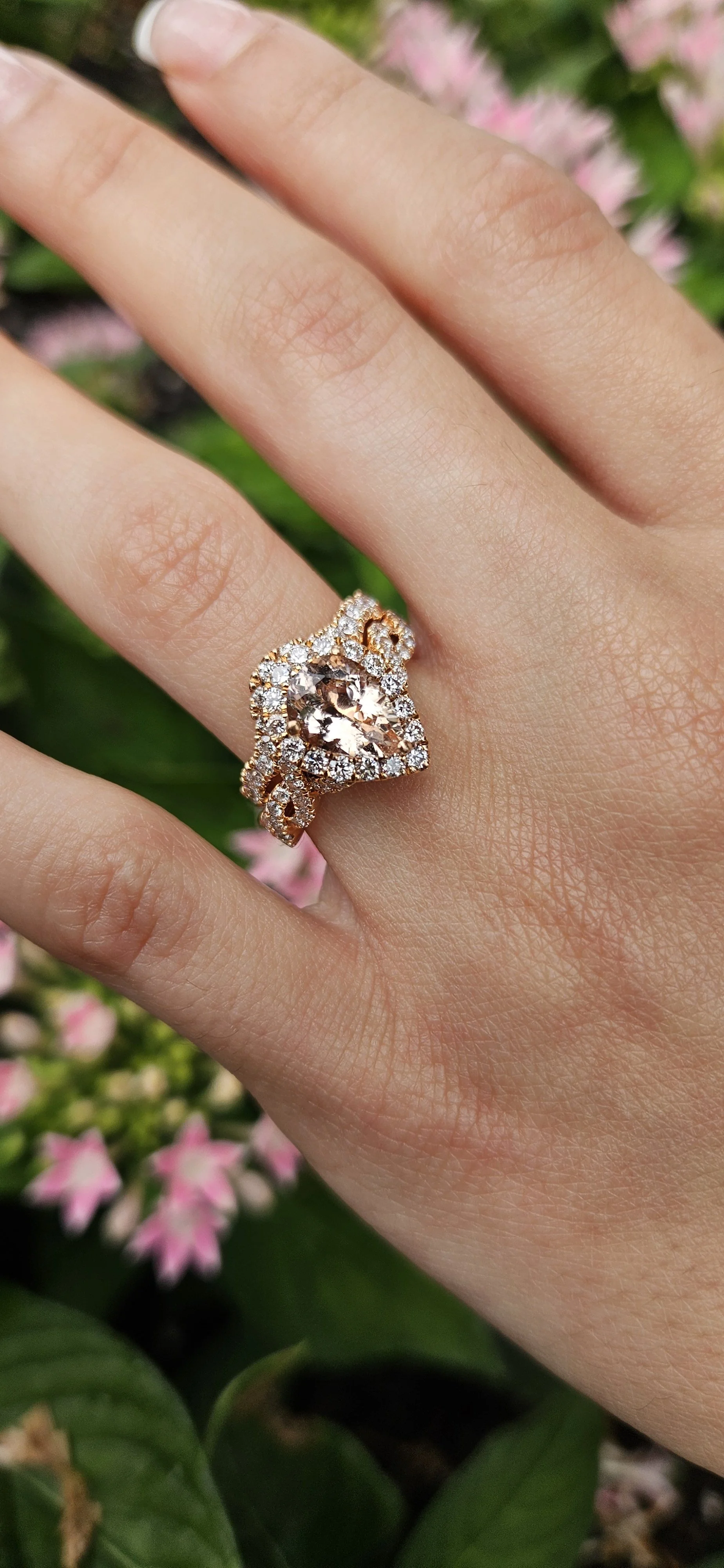 Morganite and Diamond Pear Halo Ring in Rose Gold