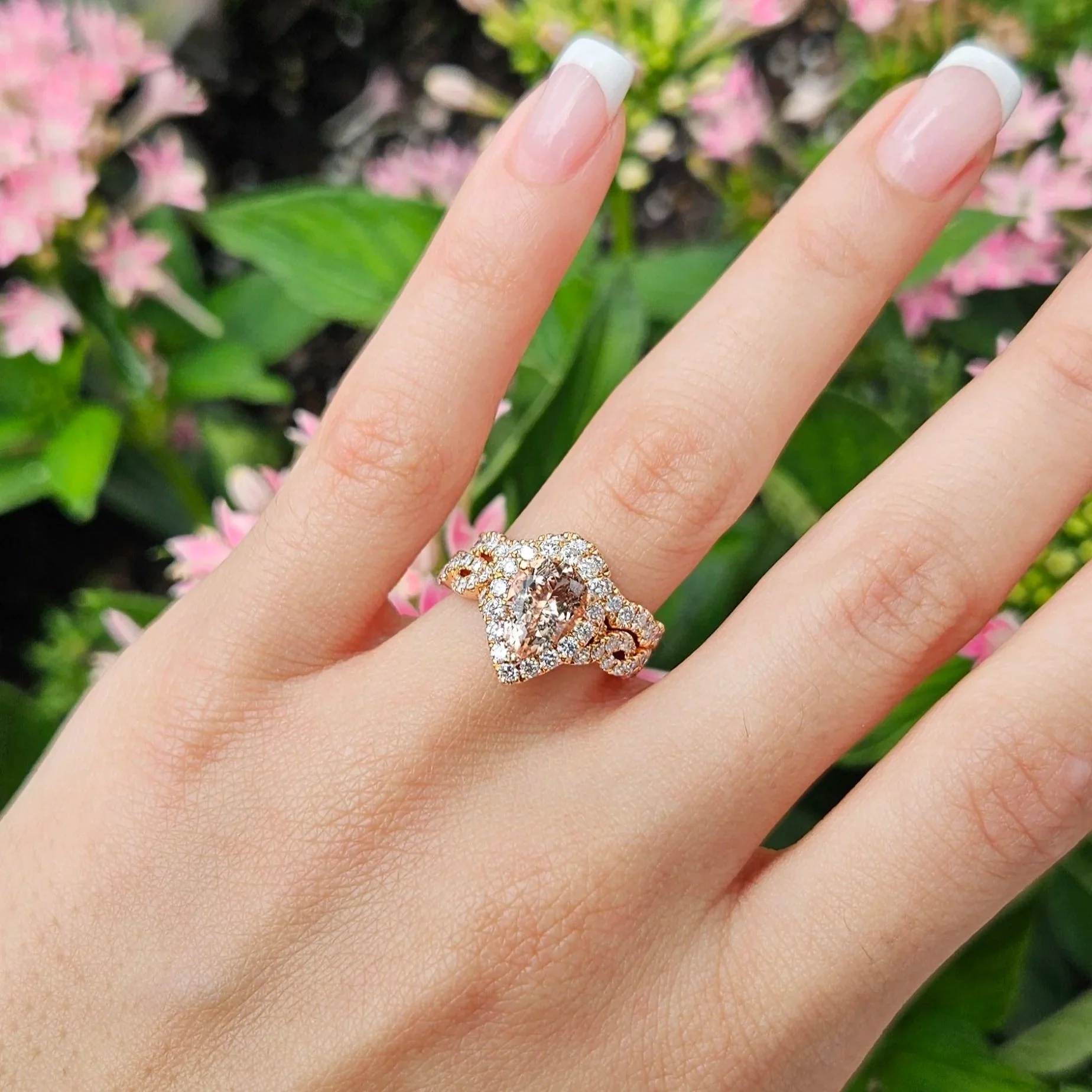 Morganite & Rose Gold Pear Shaped Wedding Set.