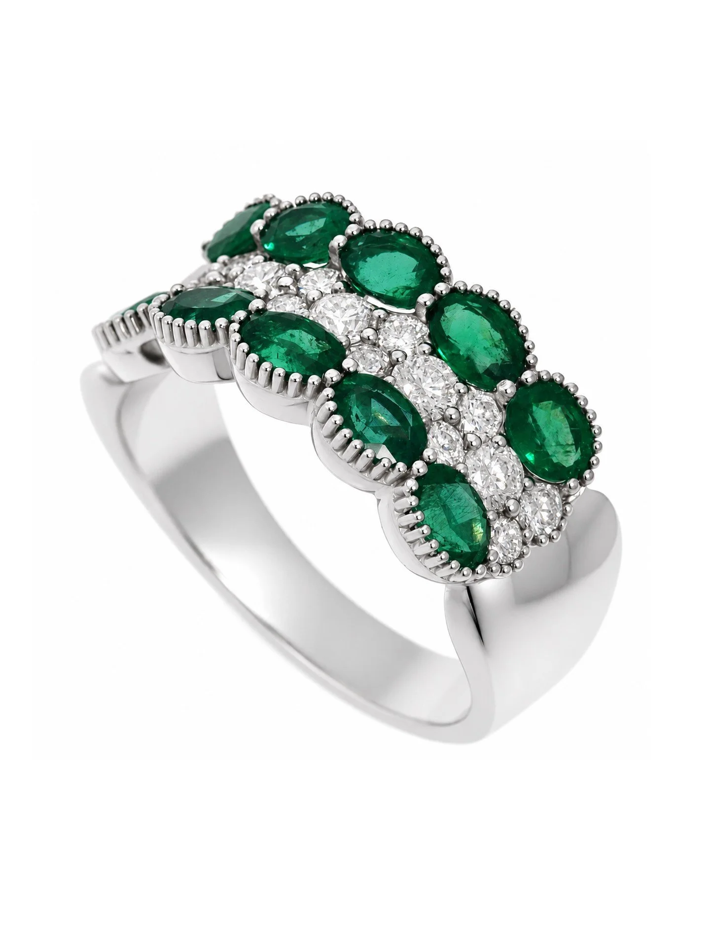 Emerald and Diamond 18K White Gold Scalloped Free Form Ring