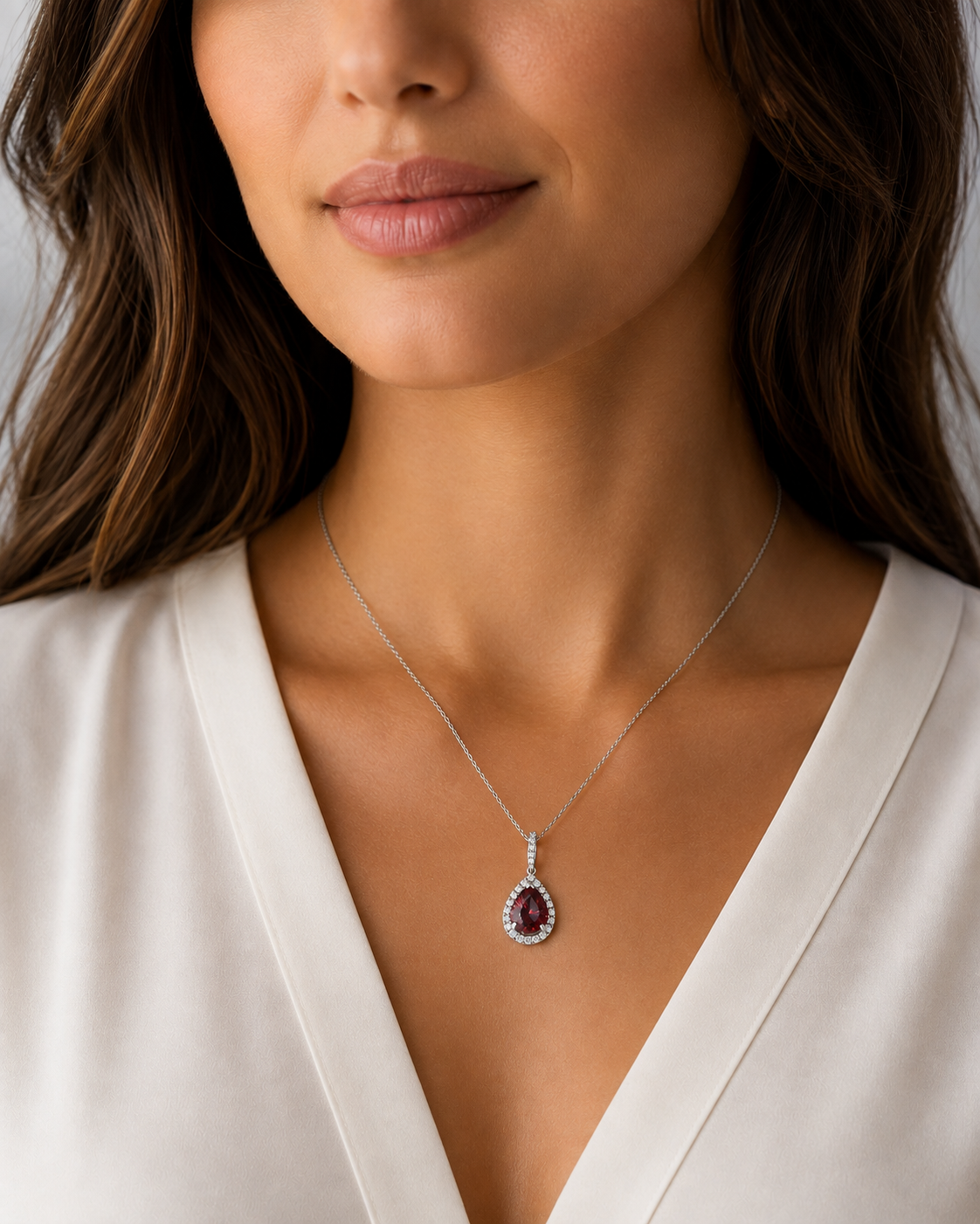 Rare Red Tourmaline Pear Shape & Diamond Halo 18K Pendant