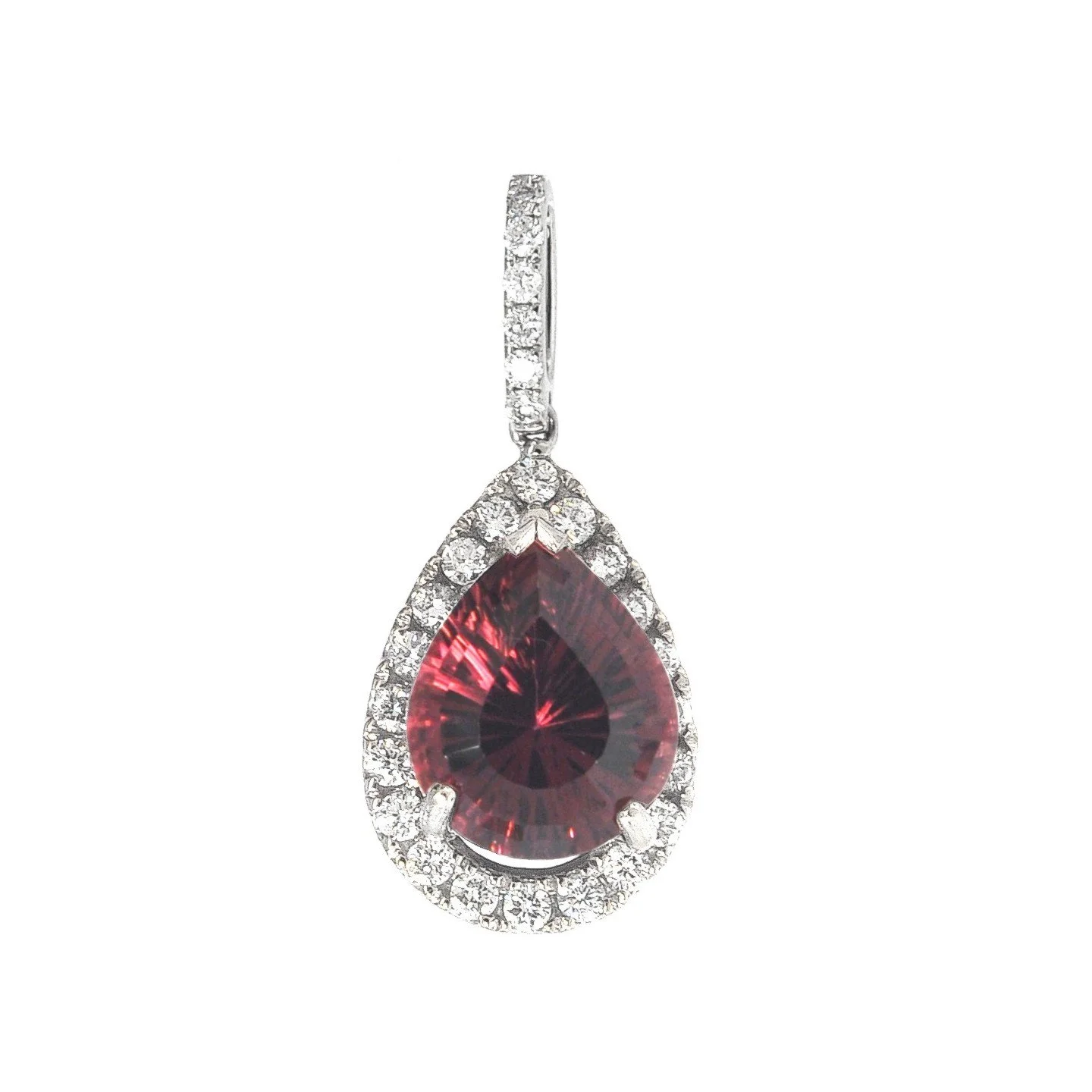 Rare Red Tourmaline Pear Shape & Diamond Halo 18K Pendant