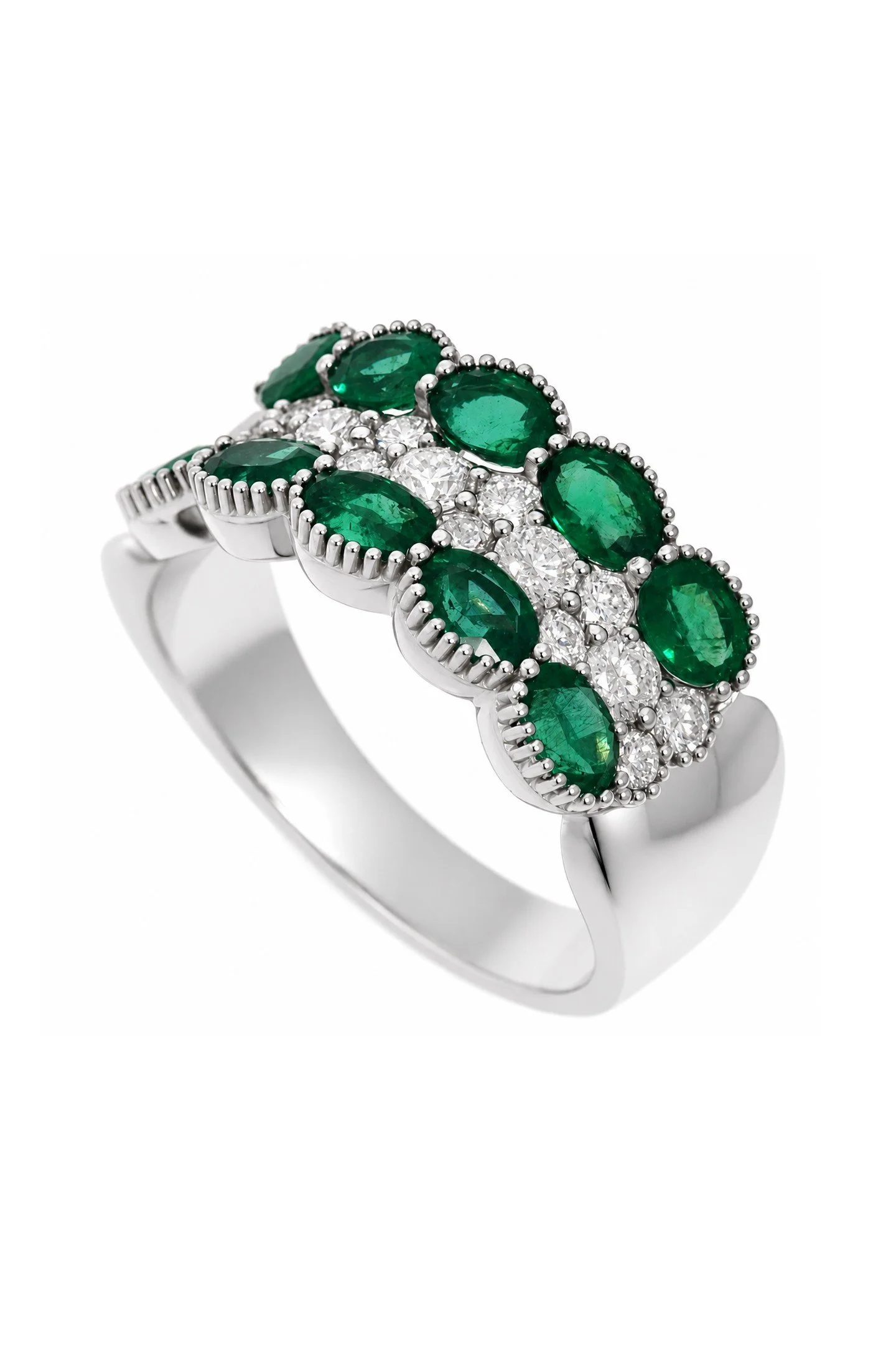 Emerald and Diamond 18K White Gold Scalloped Free Form Ring