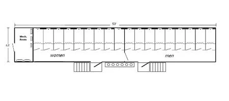 Track layout diagram showing separate lines for women and men, with a starting point, finish line, and two staircases at either end.