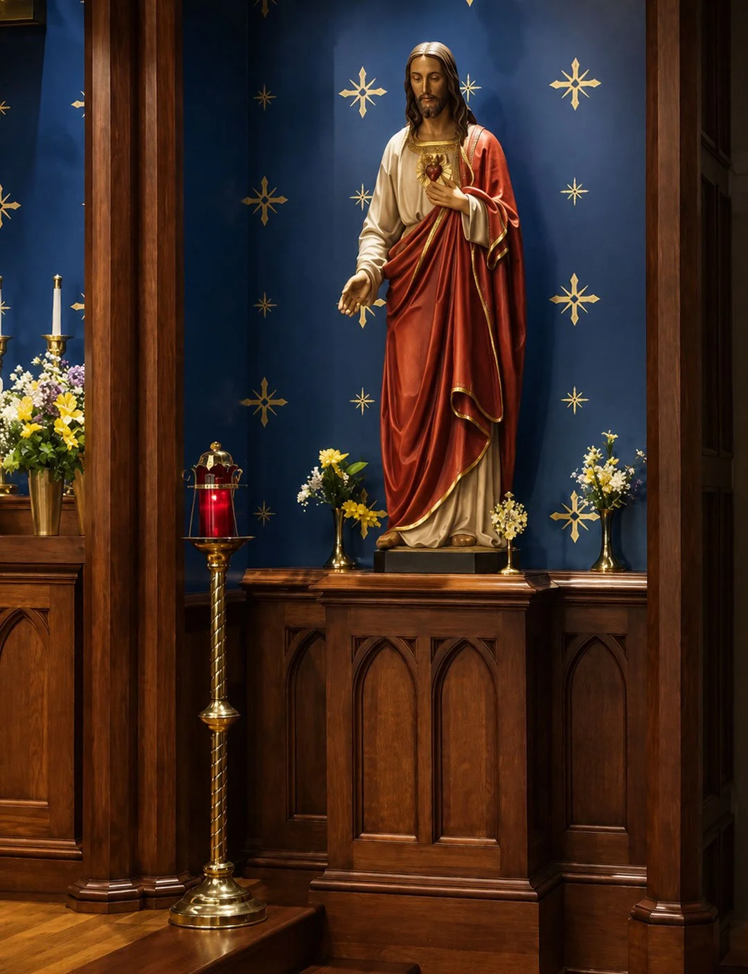 Religious altar with a statue of Jesus Christ holding his chest, dressed in red and white robes, surrounded by flowers and candles.