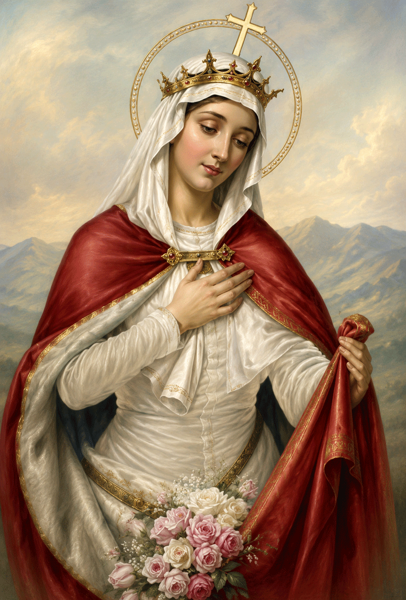 Painting of the Virgin Mary wearing a crown and halo, dressed in a white gown with a red cape, holding a red cloth and a bouquet of pink and white roses.