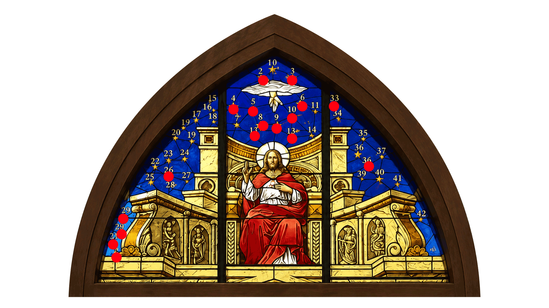 Colorful stained glass church window depicting Jesus Christ seated on a throne, with a halo, red robes, and hand raised in blessing. Surrounding scenes and symbols including stars, angels, and celestial illustrations, set in a pointed arched frame.