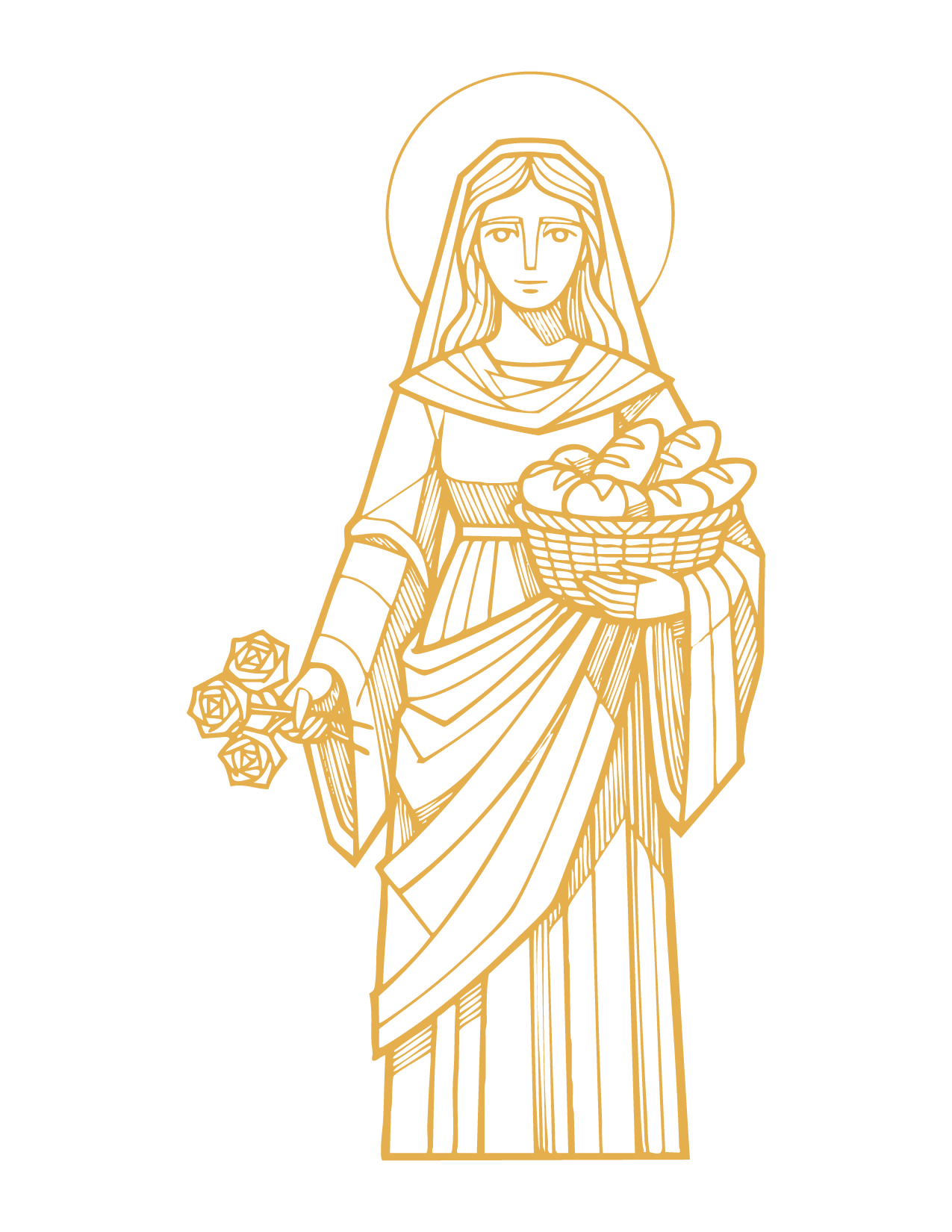 Gold line art illustration of a woman in a long dress holding roses in one hand and a basket of flowers in the other, with a halo around her head, on a black background.