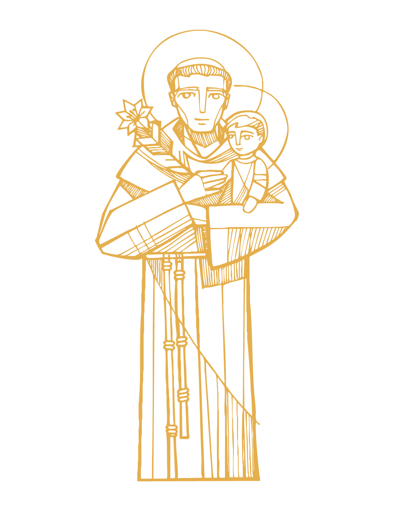 A gold outline of a religious icon depicting Mary holding baby Jesus, set against a black background.
