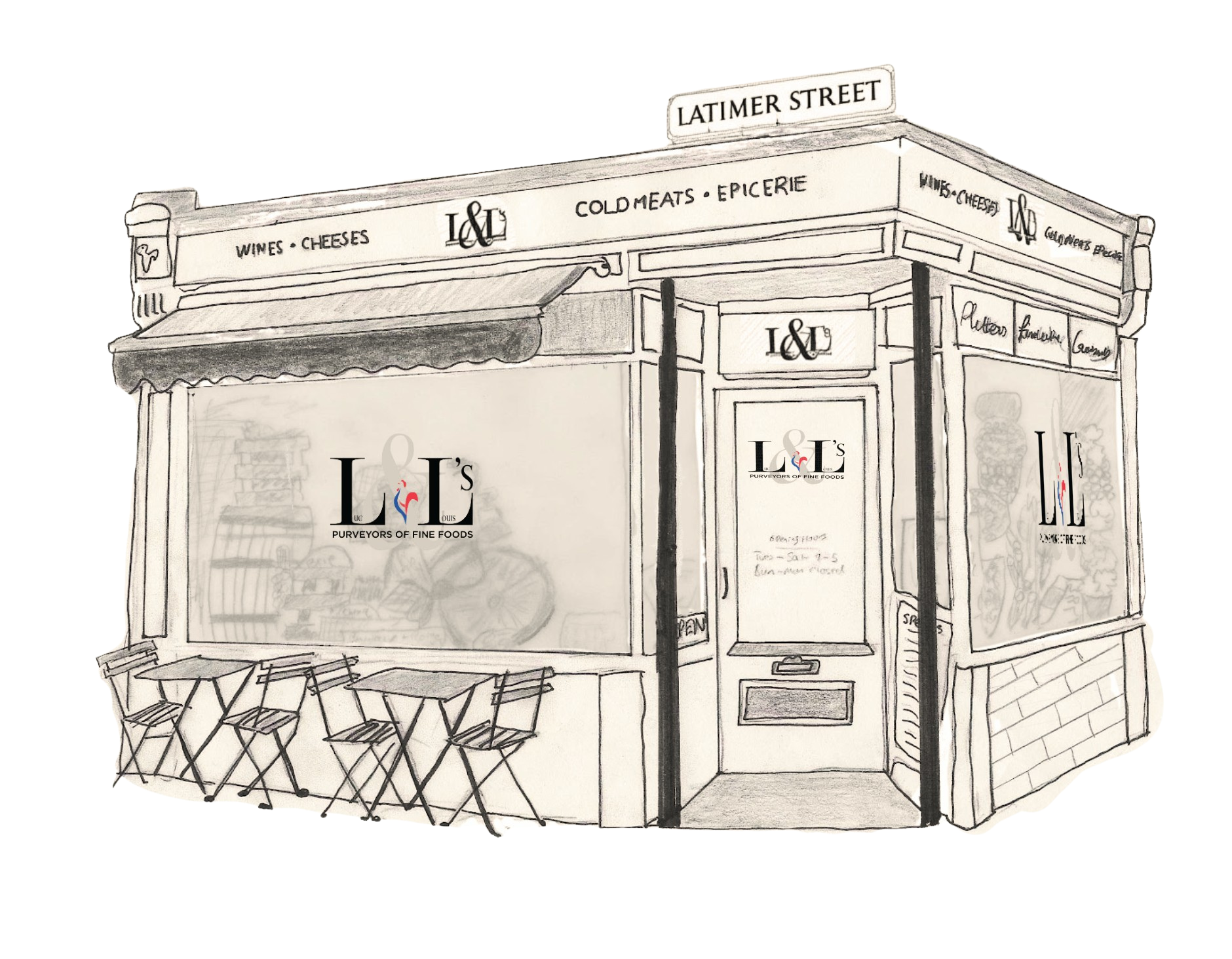 Sketch of a storefront on Latimer Street with signs reading "Wines - Cheeses" and "Cold Meats - Epicerie."